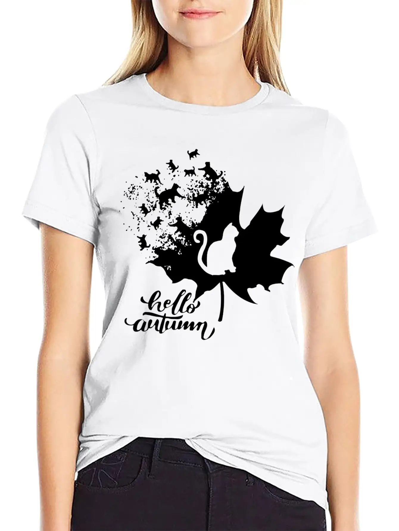 Cat Leaf Fall Hello Autumn Stylish Everyday T-Shirt – Unisex Basic Cotton Tee