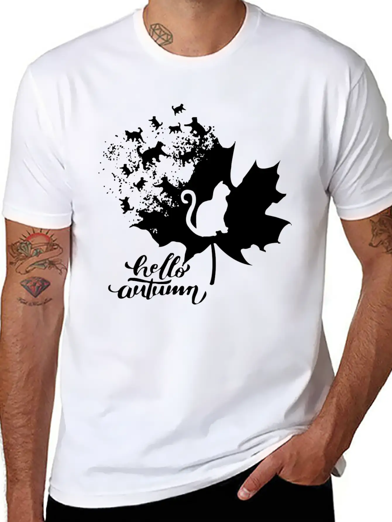 Cat Leaf Fall Hello Autumn Stylish Everyday T-Shirt – Unisex Basic Cotton Tee