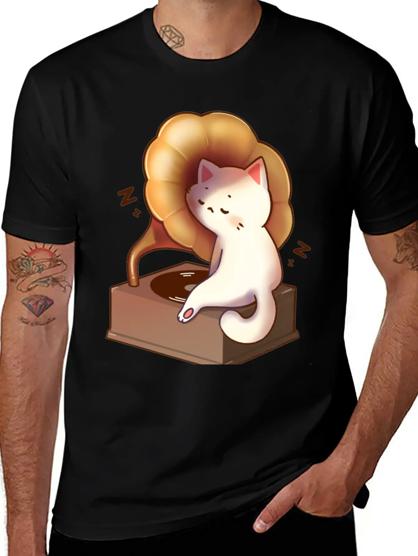Cat Napping In Record Player Stylish Everyday T-Shirt – Unisex Basic Cotton Tee