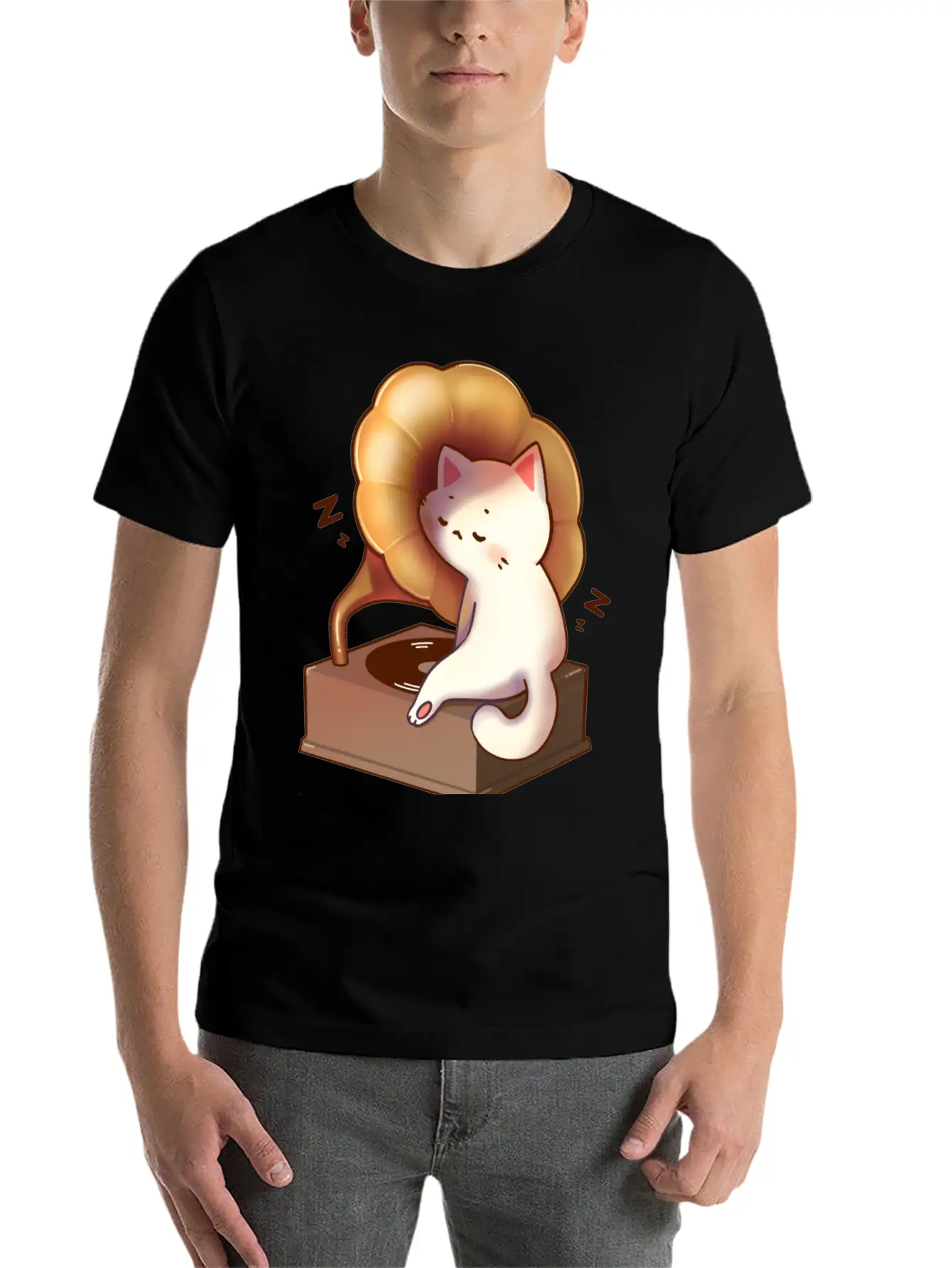 Cat Napping In Record Player Stylish Everyday T-Shirt – Unisex Basic Cotton Tee