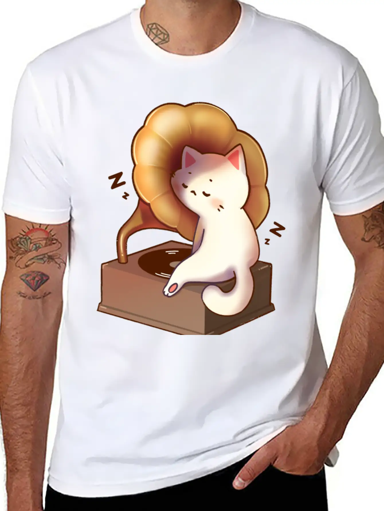 Cat Napping In Record Player Stylish Everyday T-Shirt – Unisex Basic Cotton Tee