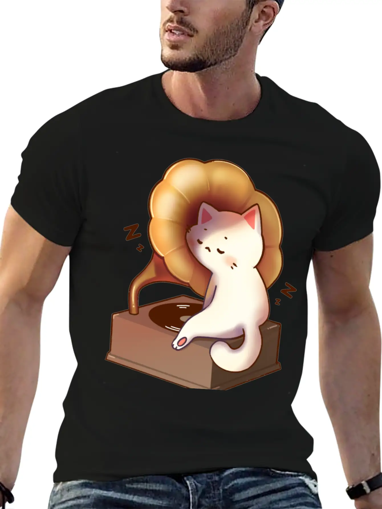 Cat Napping In Record Player Stylish Everyday T-Shirt – Unisex Basic Cotton Tee
