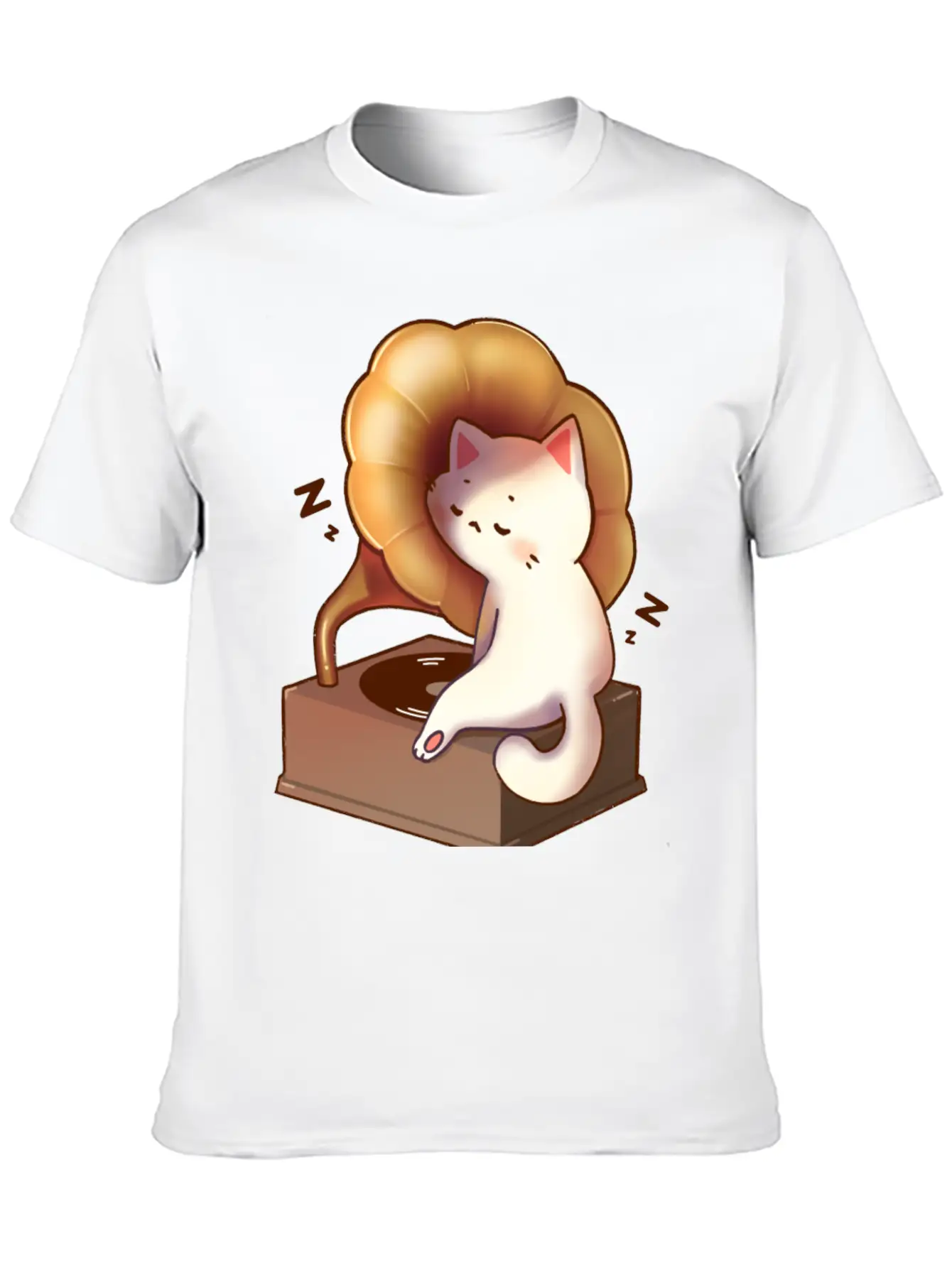 Cat Napping In Record Player Stylish Everyday T-Shirt – Unisex Basic Cotton Tee