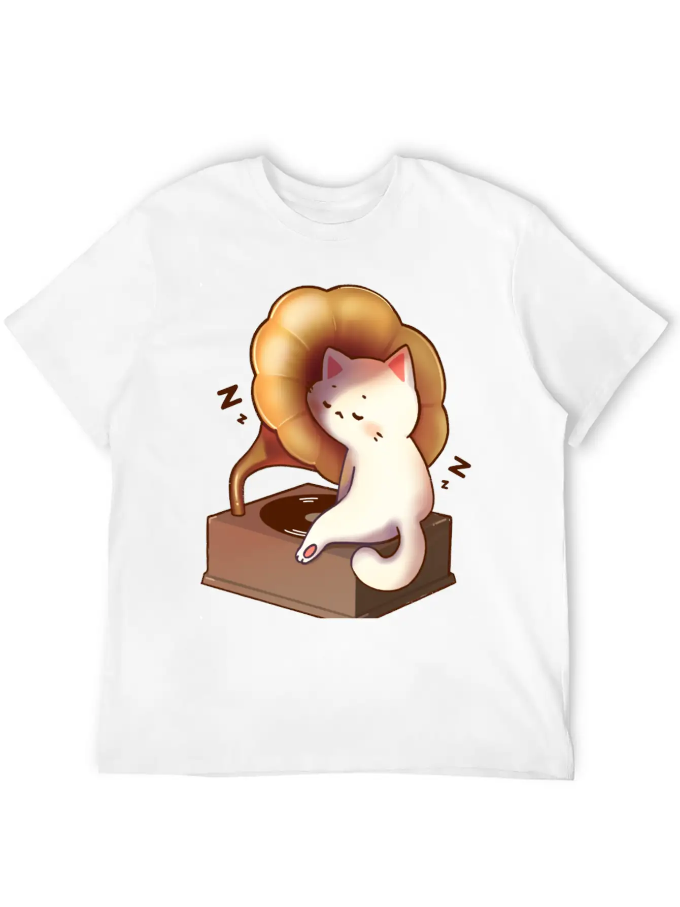Cat Napping In Record Player Stylish Everyday T-Shirt – Unisex Basic Cotton Tee