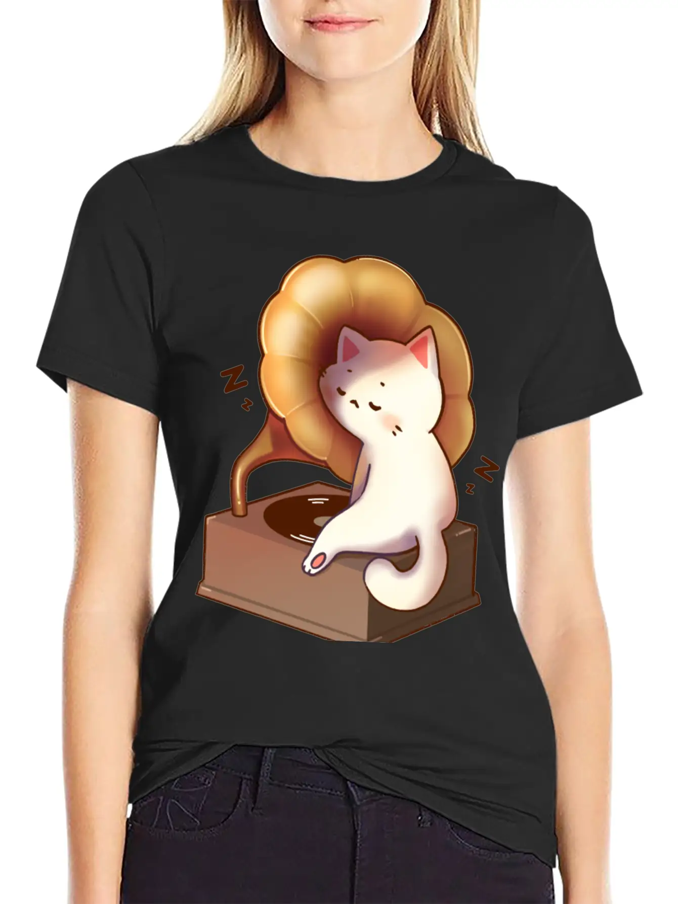 Cat Napping In Record Player Stylish Everyday T-Shirt – Unisex Basic Cotton Tee