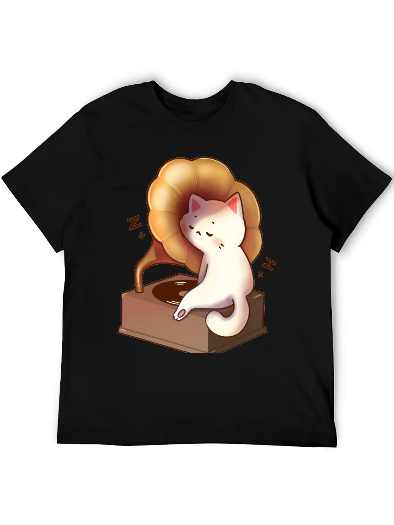 Cat Napping In Record Player Stylish Everyday T-Shirt – Unisex Basic Cotton Tee