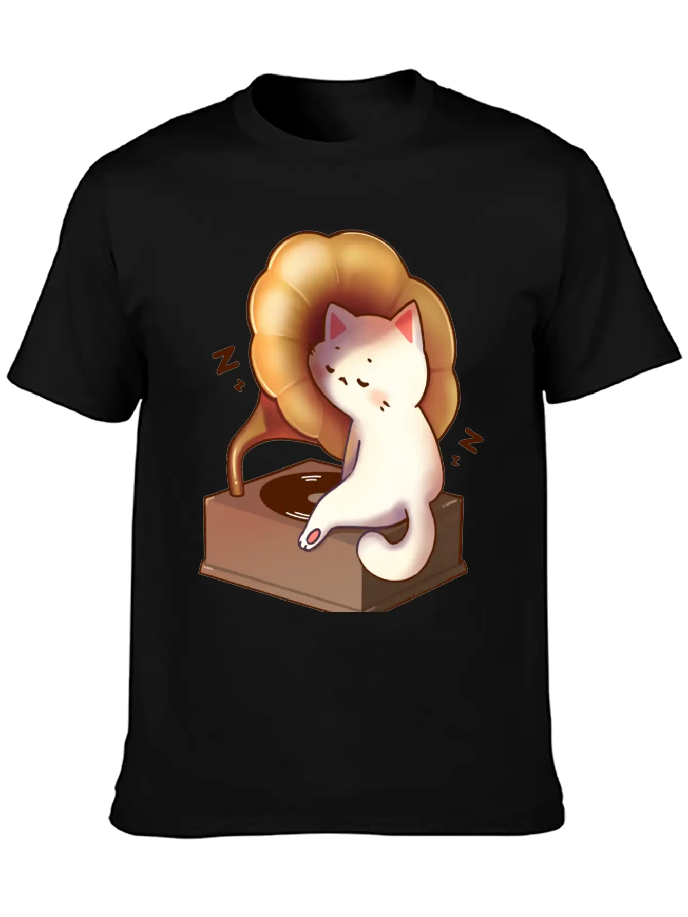 Cat Napping In Record Player Stylish Everyday T-Shirt – Unisex Basic Cotton Tee
