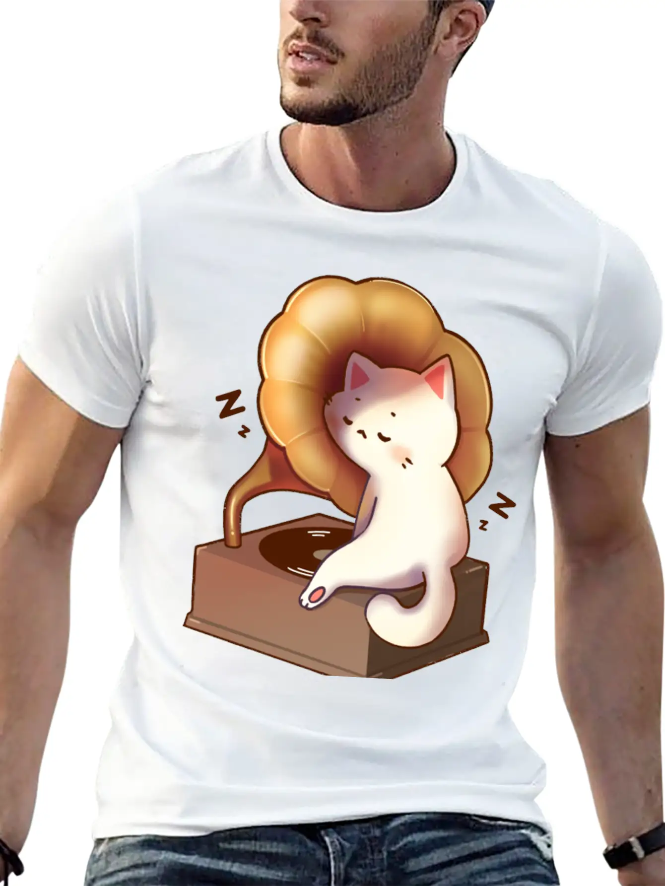 Cat Napping In Record Player Stylish Everyday T-Shirt – Unisex Basic Cotton Tee