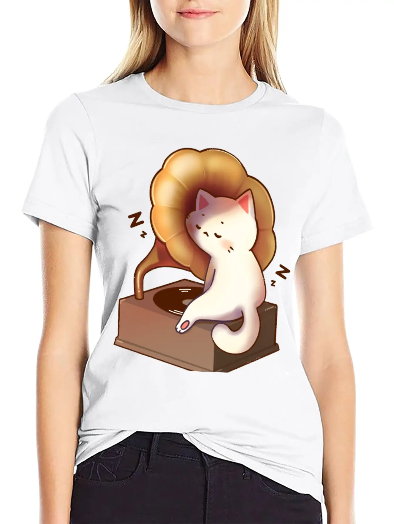 Cat Napping In Record Player Stylish Everyday T-Shirt – Unisex Basic Cotton Tee