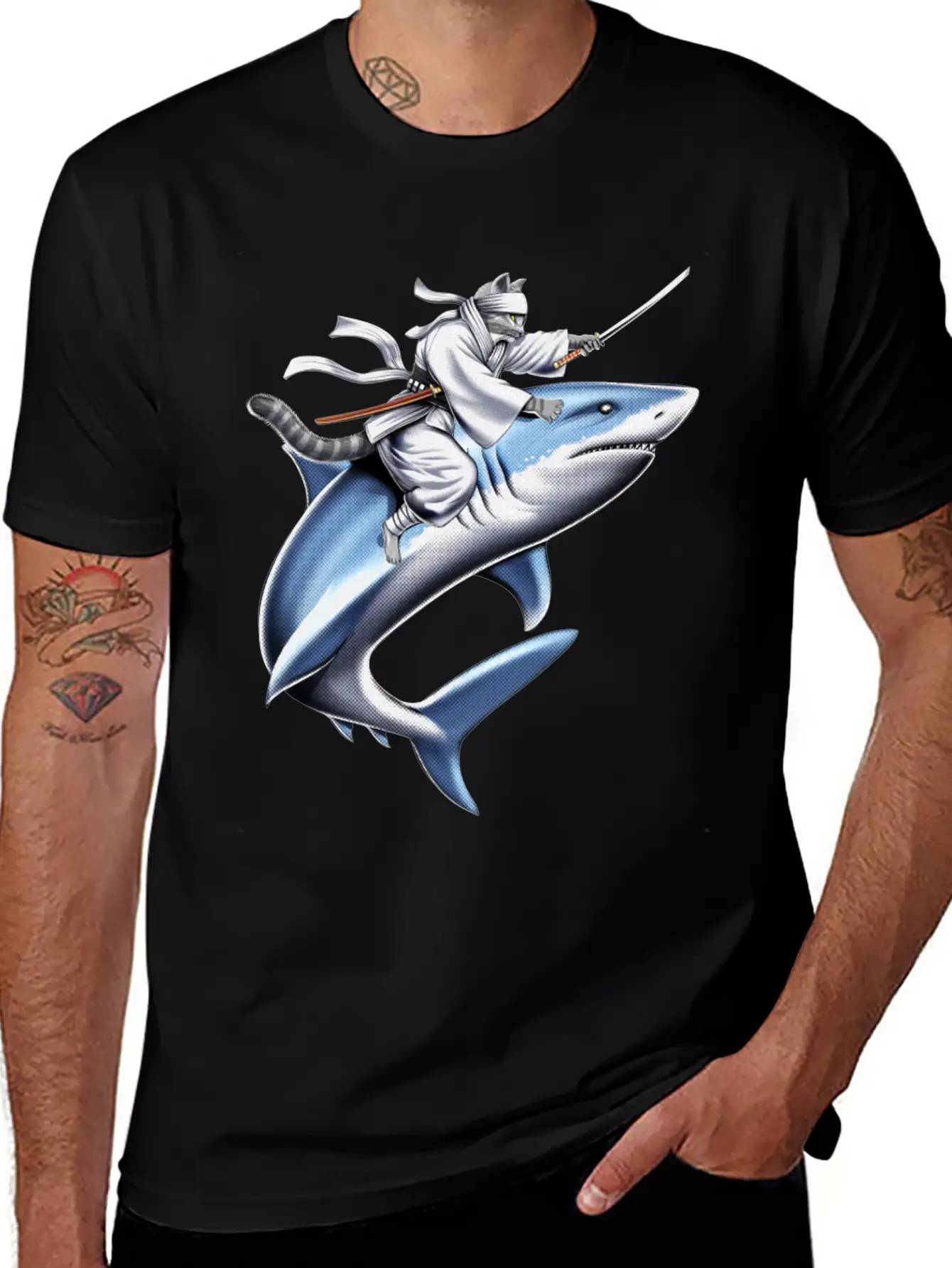 Cat Ninja Riding Shark Essential Unisex Summer Tee – Soft Cotton Casual Fit