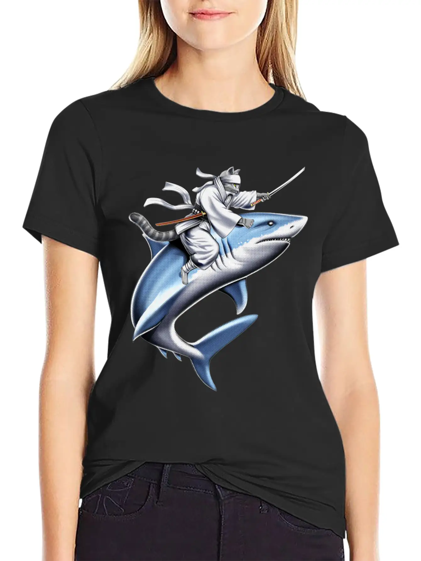 Cat Ninja Riding Shark Essential Unisex Summer Tee – Soft Cotton Casual Fit