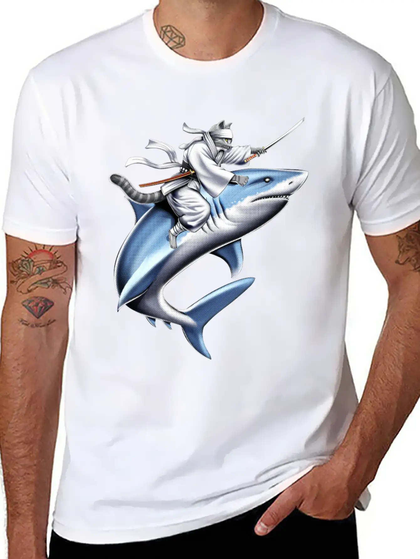 Cat Ninja Riding Shark Essential Unisex Summer Tee – Soft Cotton Casual Fit