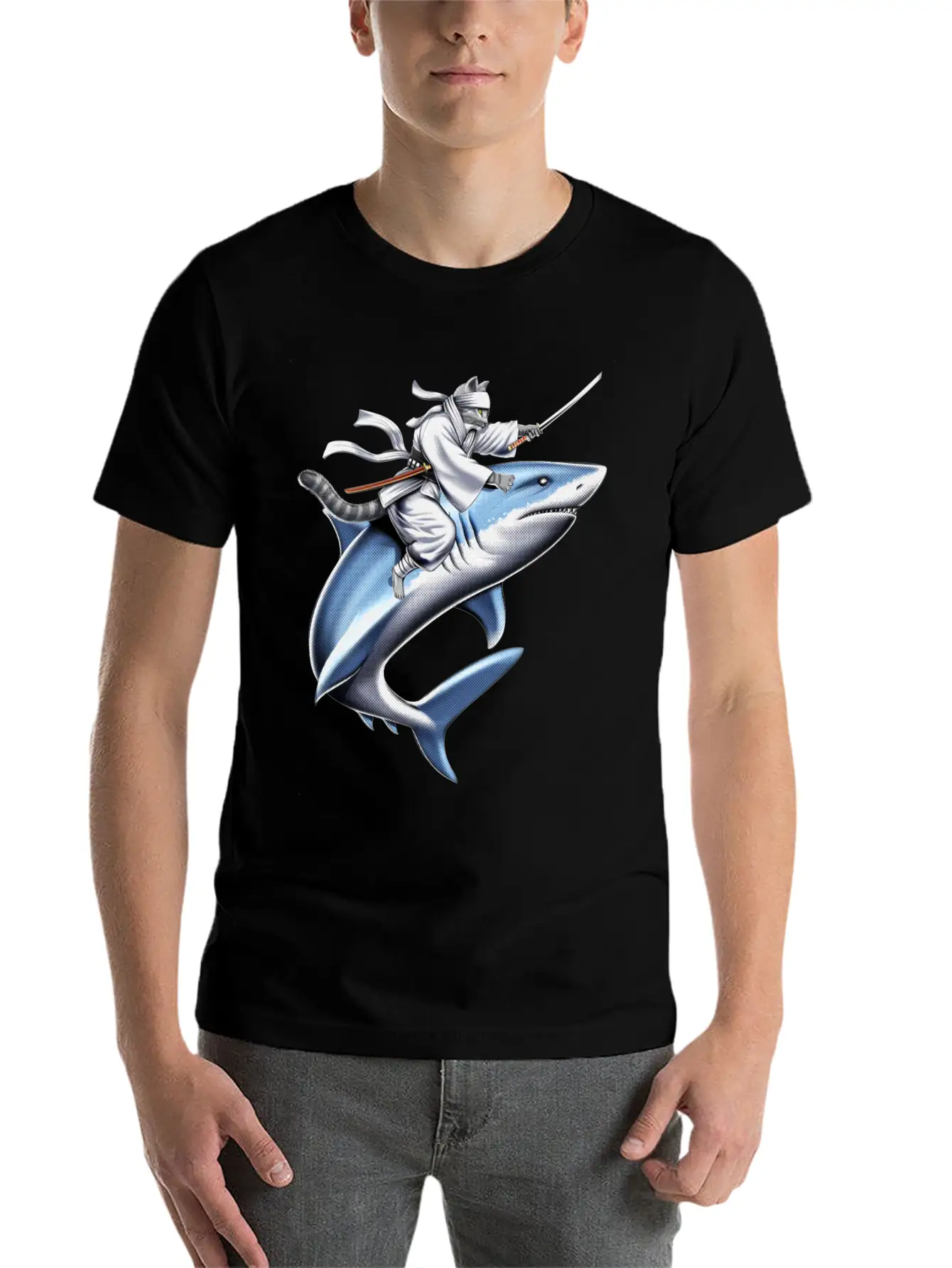 Cat Ninja Riding Shark Essential Unisex Summer Tee – Soft Cotton Casual Fit