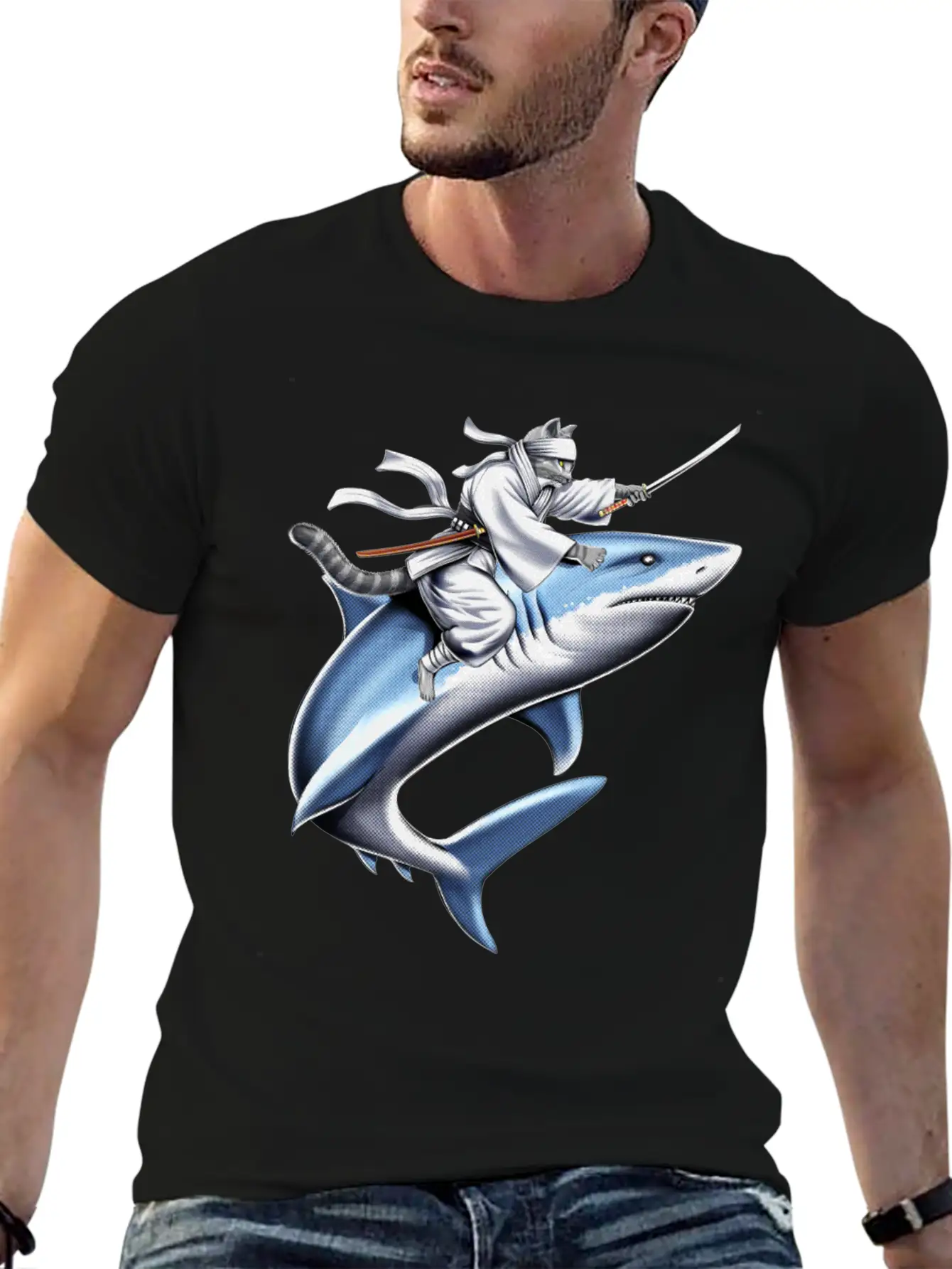 Cat Ninja Riding Shark Essential Unisex Summer Tee – Soft Cotton Casual Fit