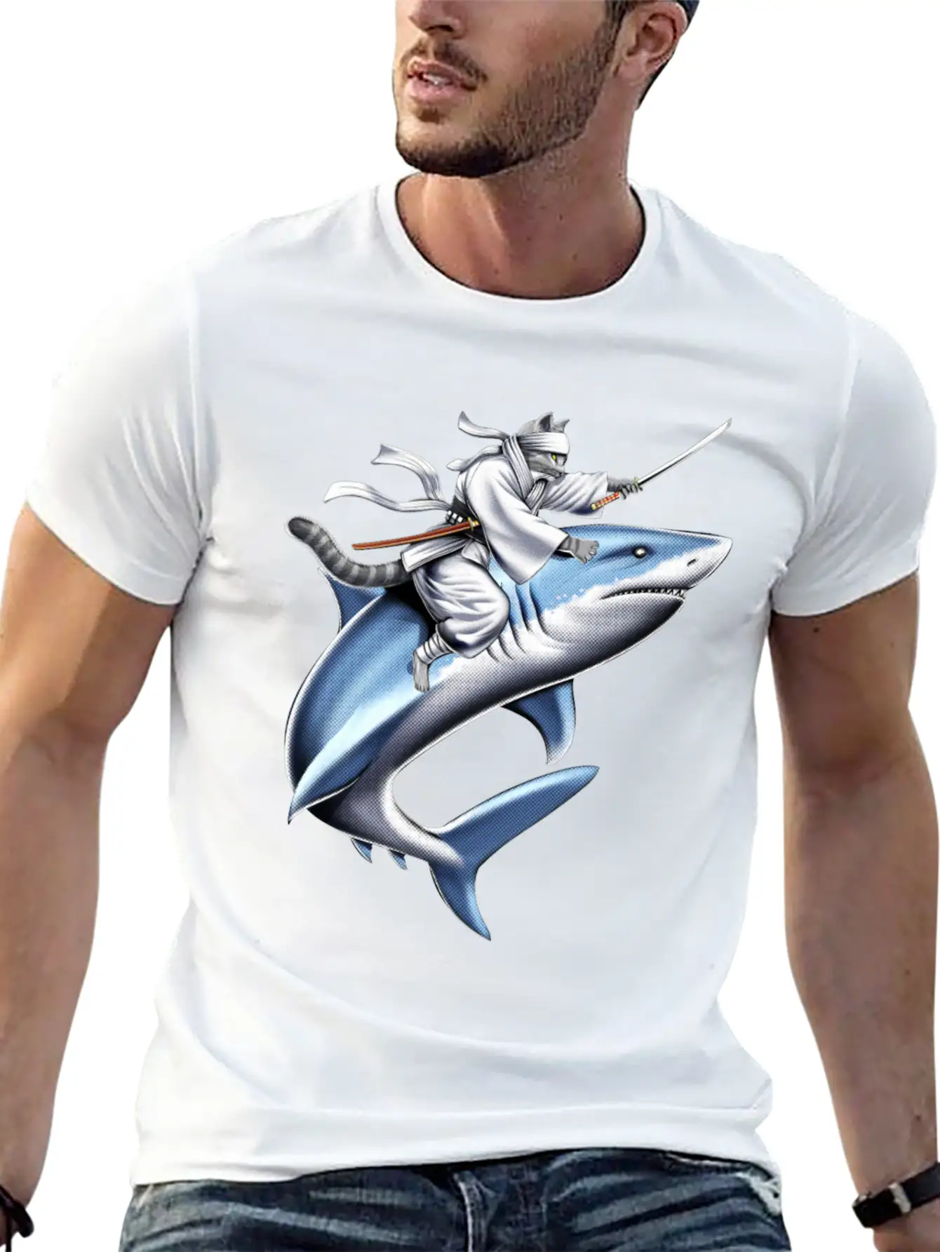 Cat Ninja Riding Shark Essential Unisex Summer Tee – Soft Cotton Casual Fit