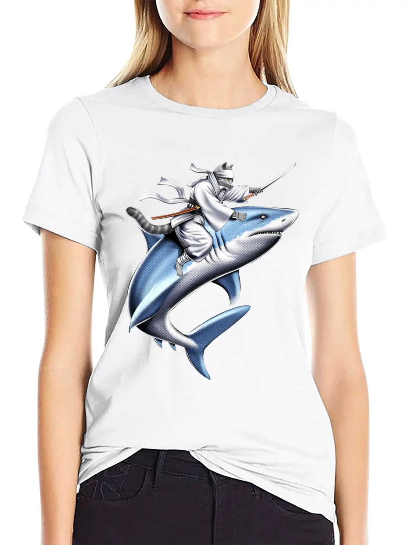 Cat Ninja Riding Shark Essential Unisex Summer Tee – Soft Cotton Casual Fit