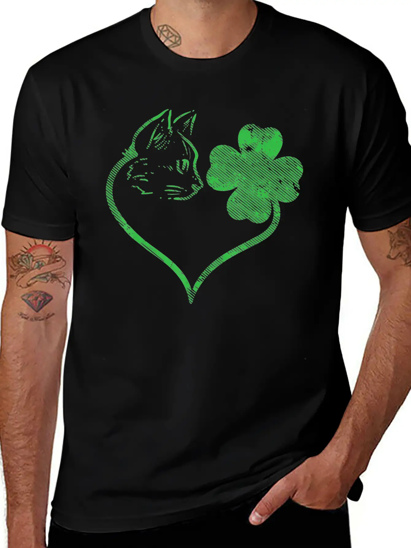 Cat Silhouette Shamrock St Patricks Day Stylish Everyday T-Shirt – Unisex Basic Cotton Tee