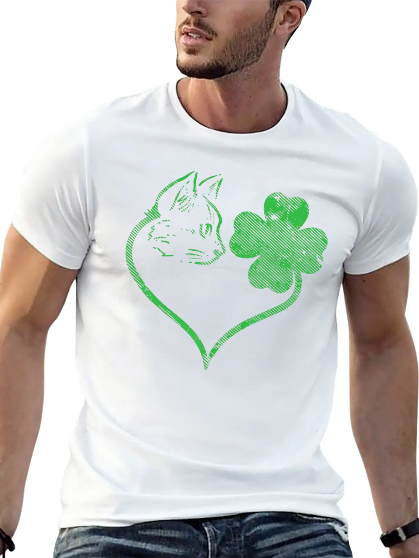 Cat Silhouette Shamrock St Patricks Day Stylish Everyday T-Shirt – Unisex Basic Cotton Tee