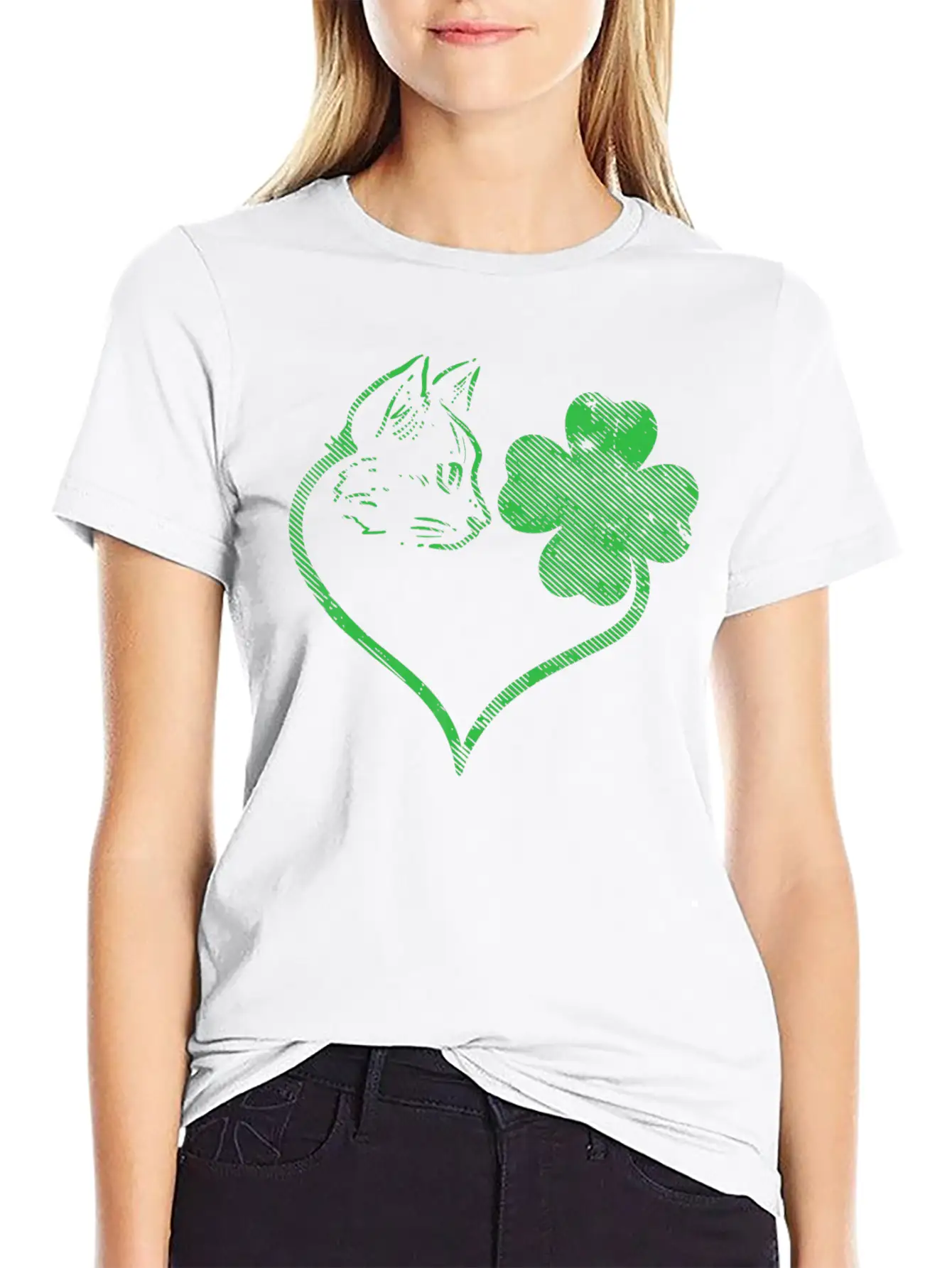 Cat Silhouette Shamrock St Patricks Day Stylish Everyday T-Shirt – Unisex Basic Cotton Tee