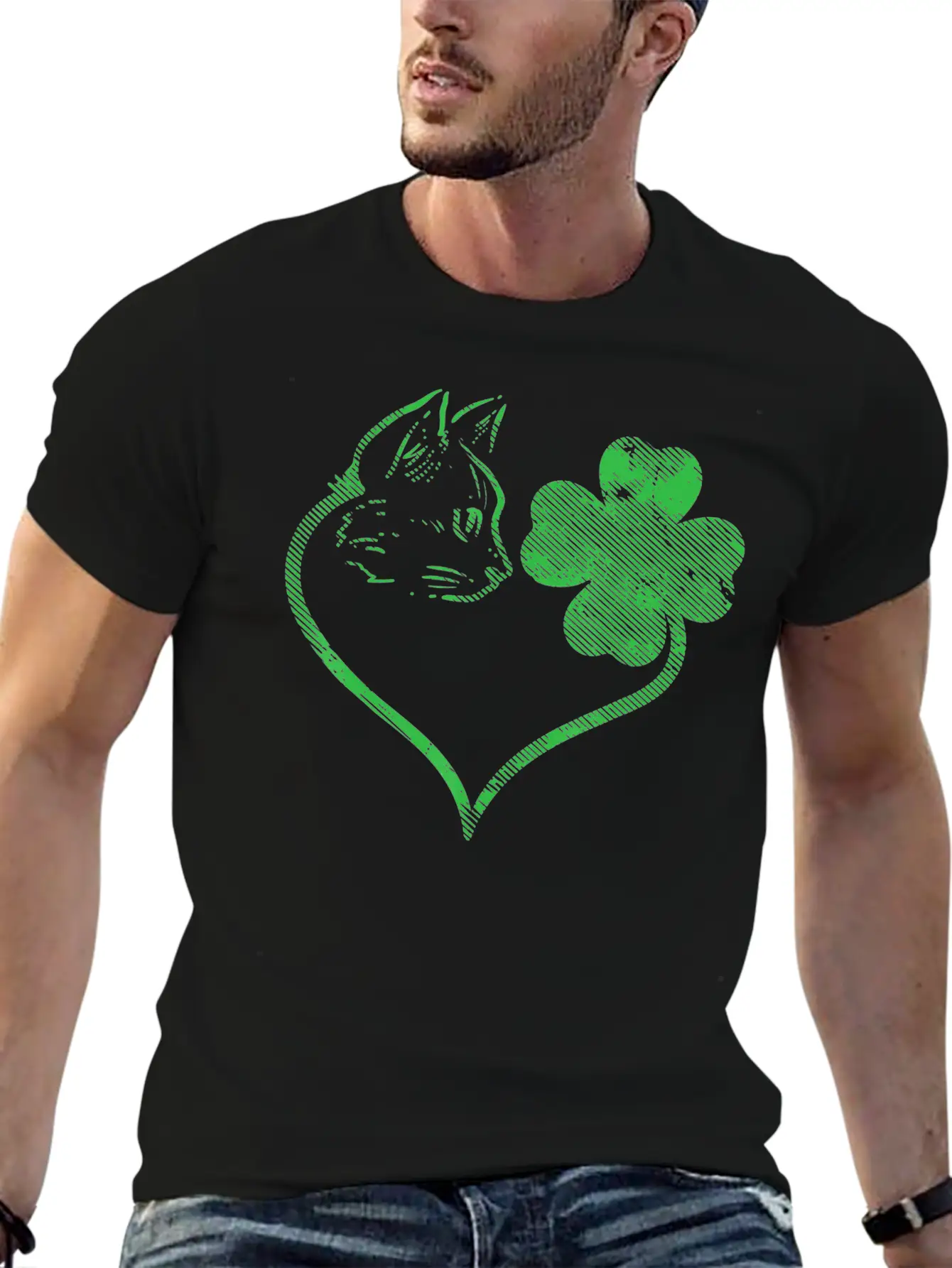 Cat Silhouette Shamrock St Patricks Day Stylish Everyday T-Shirt – Unisex Basic Cotton Tee