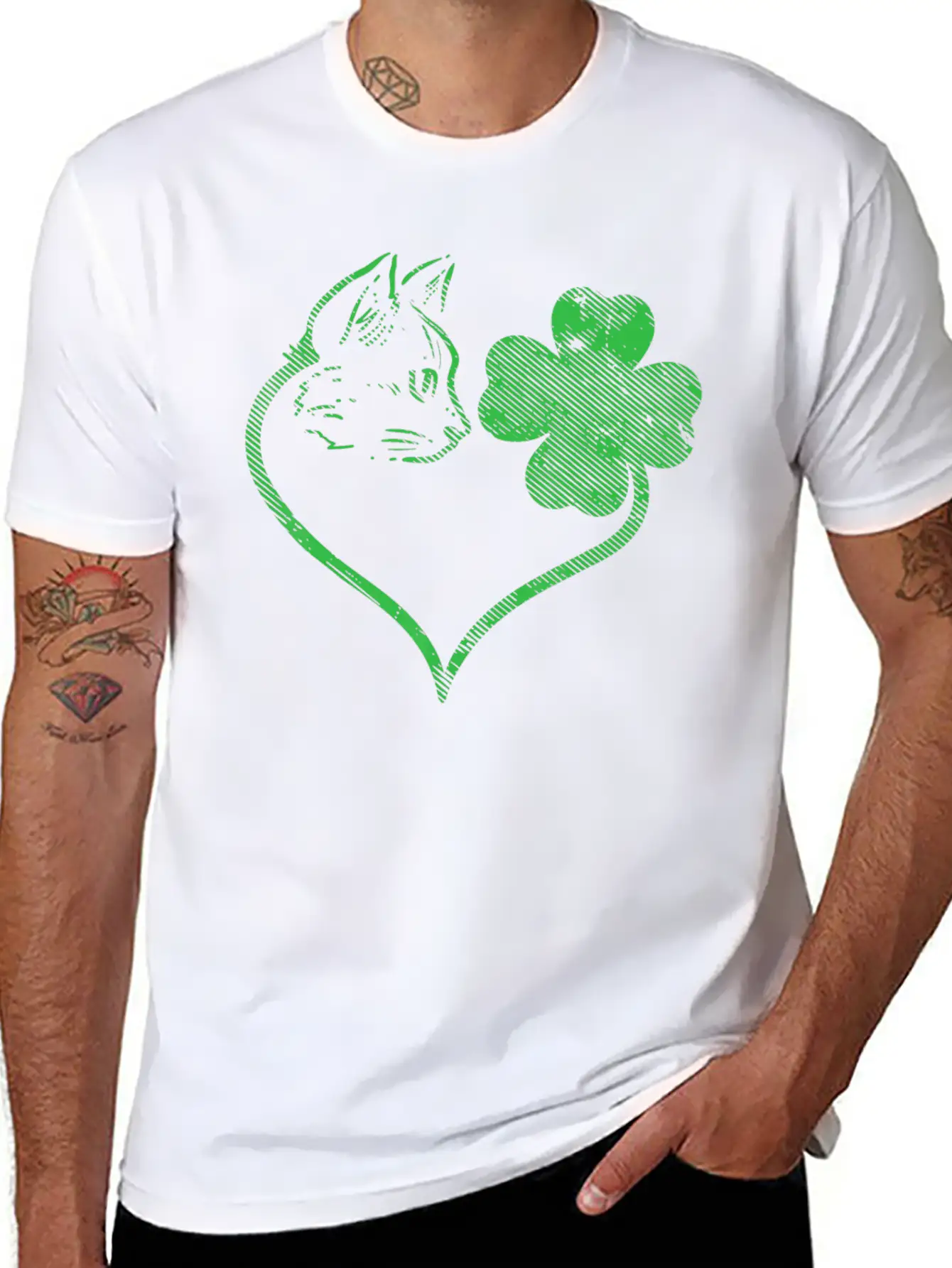 Cat Silhouette Shamrock St Patricks Day Stylish Everyday T-Shirt – Unisex Basic Cotton Tee
