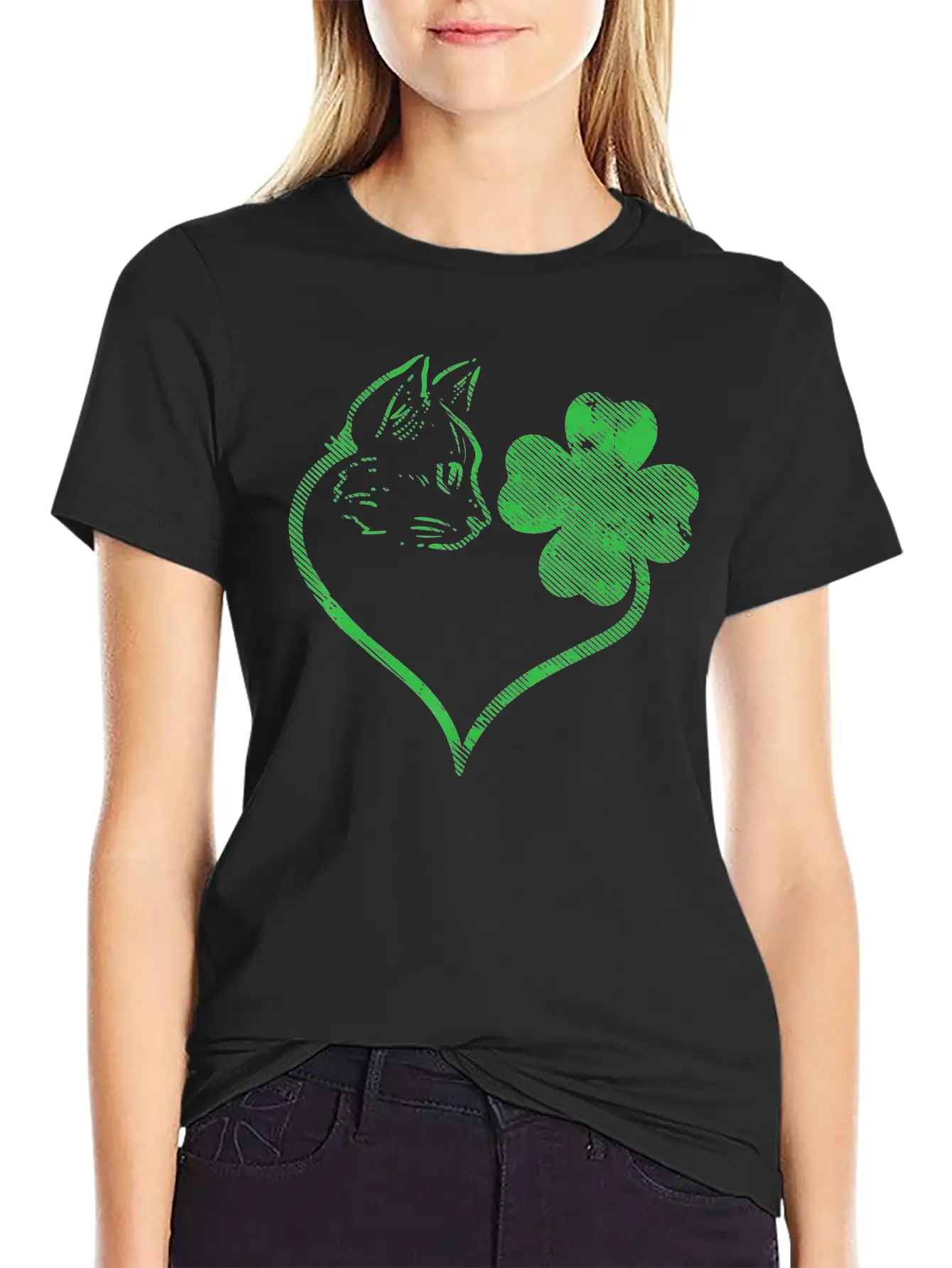 Cat Silhouette Shamrock St Patricks Day Stylish Everyday T-Shirt – Unisex Basic Cotton Tee