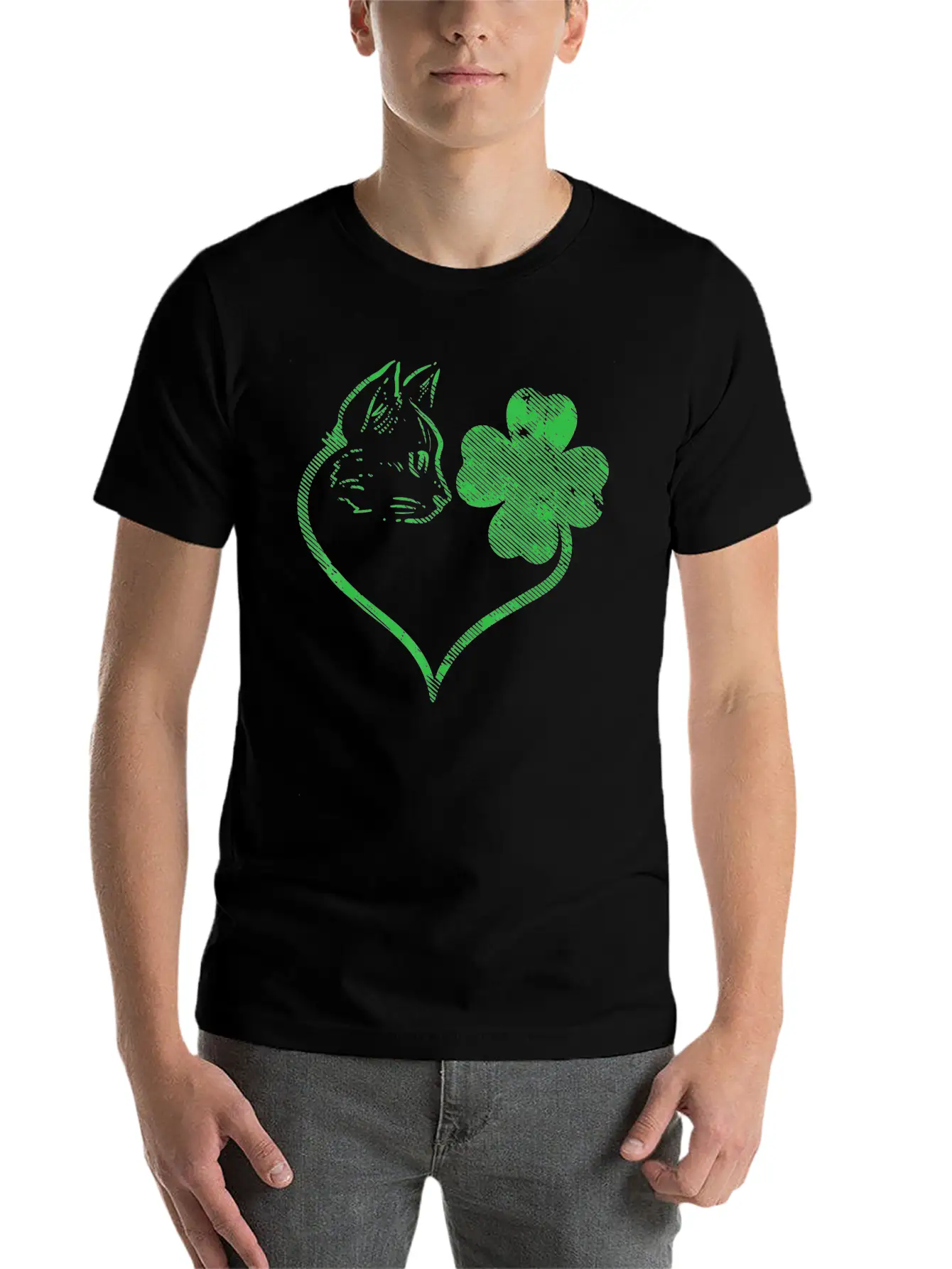 Cat Silhouette Shamrock St Patricks Day Stylish Everyday T-Shirt – Unisex Basic Cotton Tee
