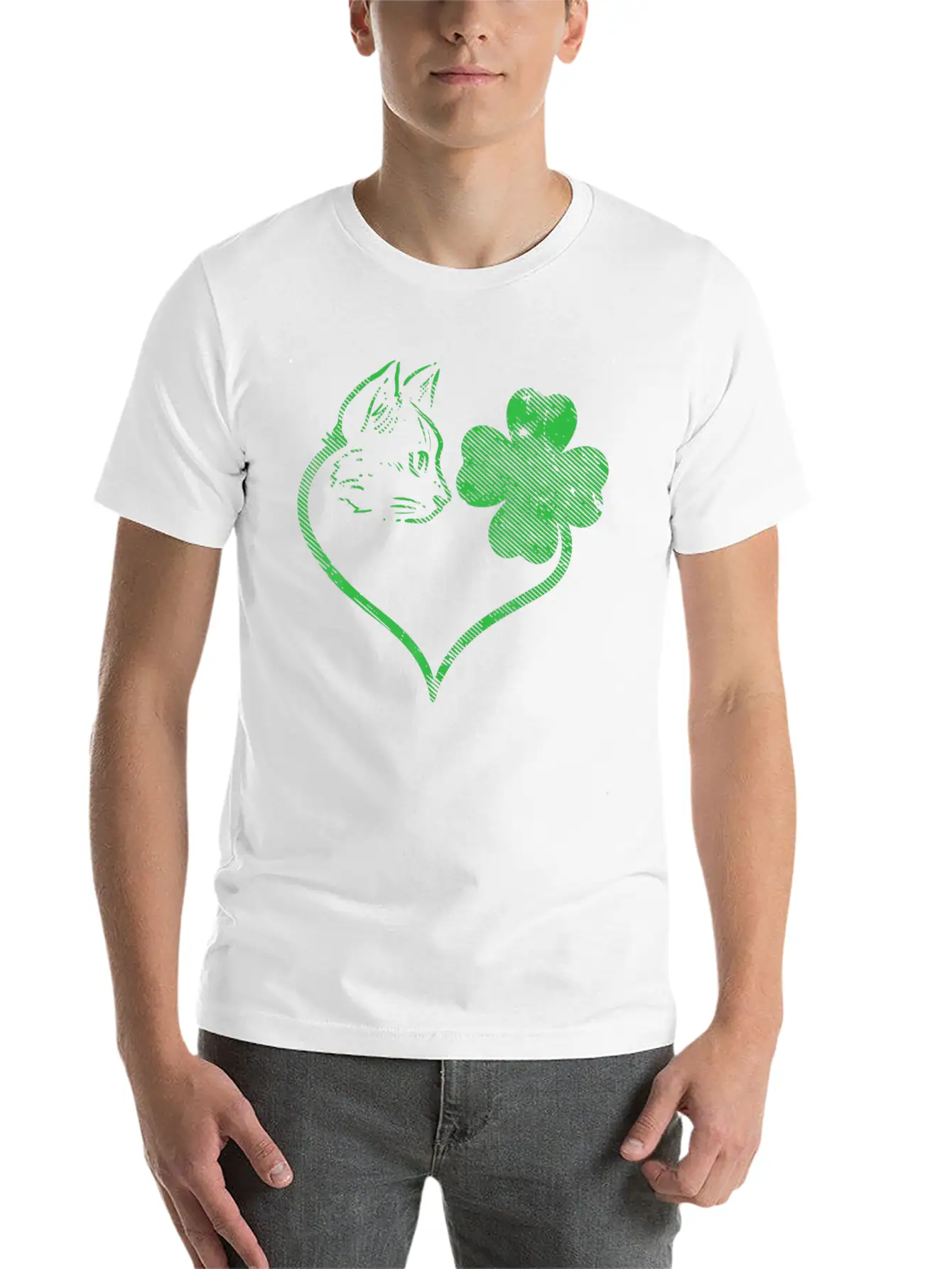 Cat Silhouette Shamrock St Patricks Day Stylish Everyday T-Shirt – Unisex Basic Cotton Tee