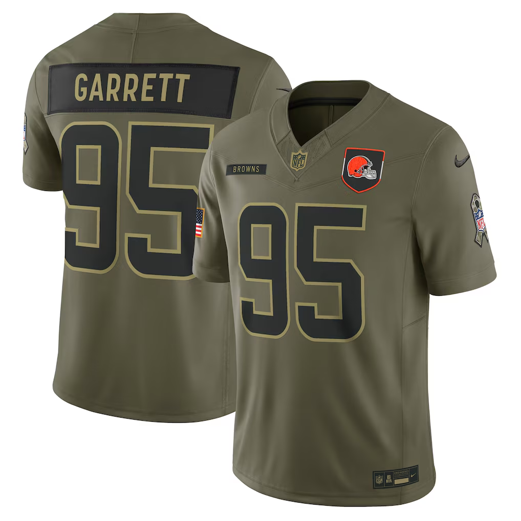 Men's Cleveland Browns Myles Garrett Nike Olive 2025 Salute to Service Limited Jersey