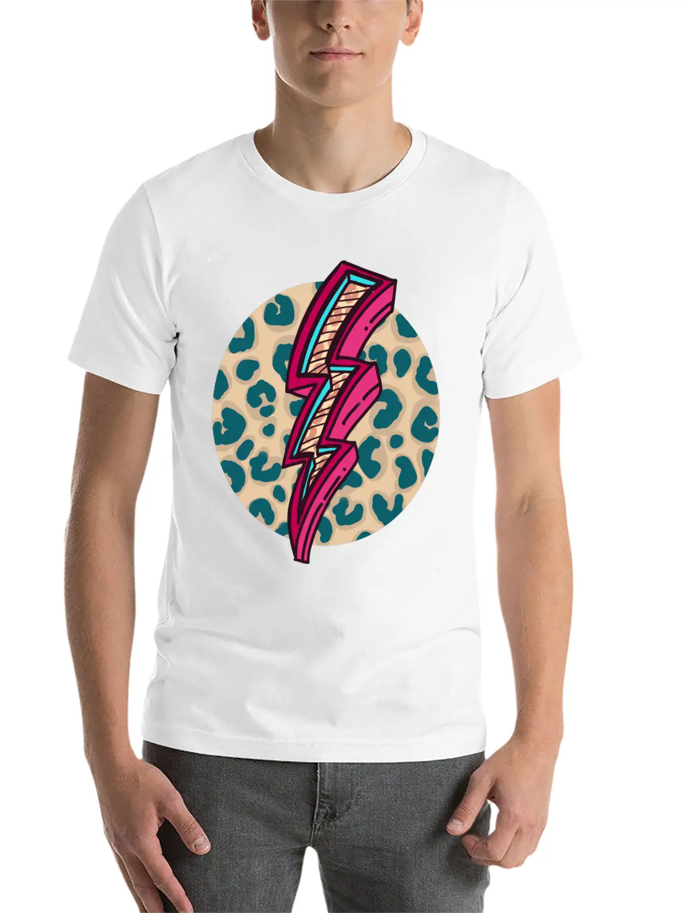 Cheetah Print Lightning Bolt Unisex Short Sleeve Soft Cotton T-Shirt – Casual Everyday Wear
