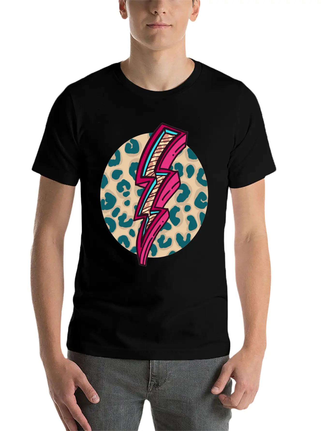 Cheetah Print Lightning Bolt Unisex Short Sleeve Soft Cotton T-Shirt – Casual Everyday Wear