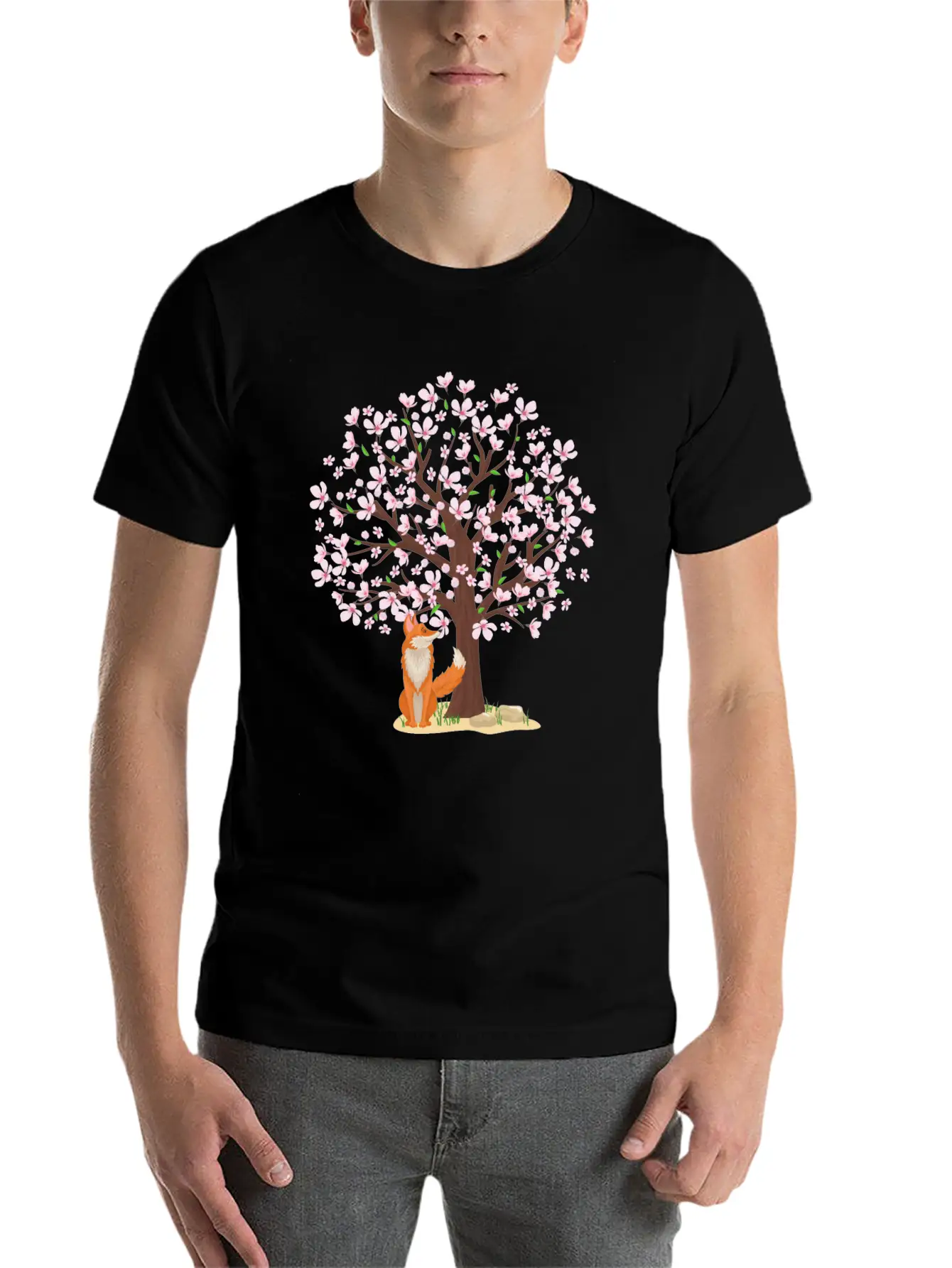 Cherry Blossom Fox Japanese Sakura Tree Timeless Short Sleeve Tee – Comfy And Minimalist Design