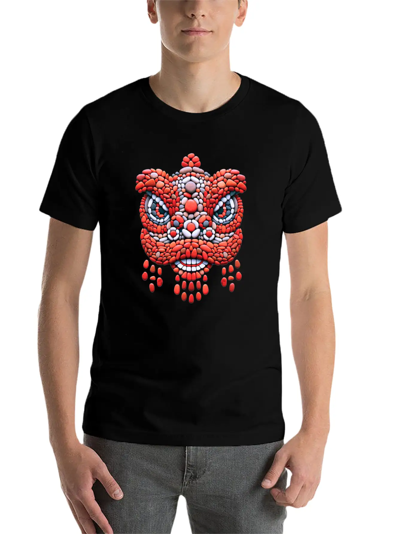 Chinese New Year - Red Pebble Lion Dance Mask Comfortable Minimalist Graphic Tee – Summer Style Essential