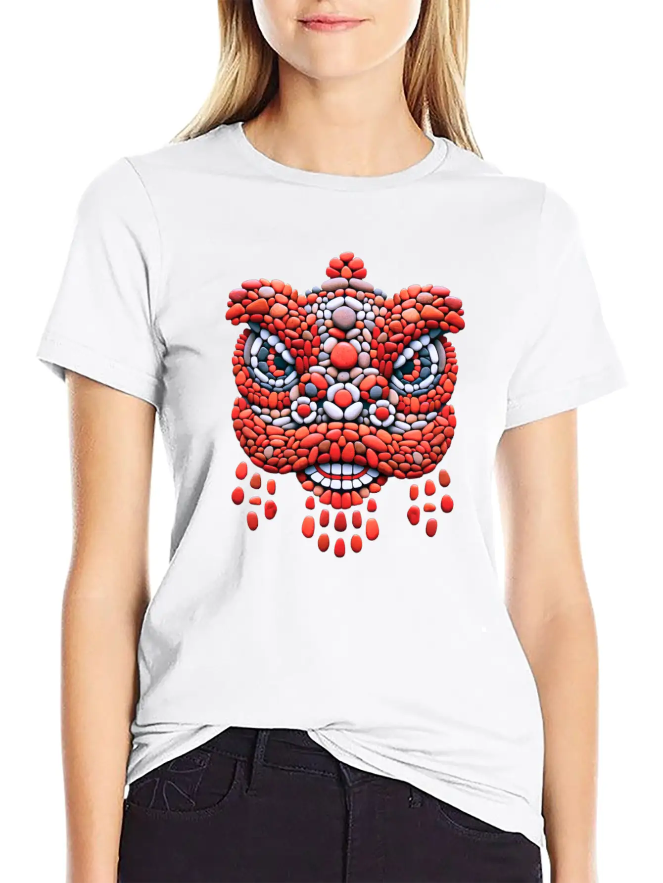Chinese New Year - Red Pebble Lion Dance Mask Comfortable Minimalist Graphic Tee – Summer Style Essential