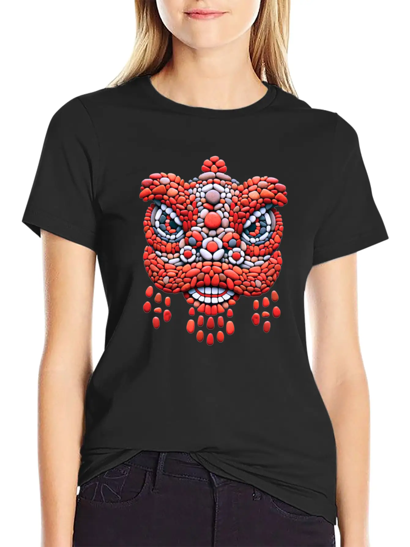 Chinese New Year - Red Pebble Lion Dance Mask Comfortable Minimalist Graphic Tee – Summer Style Essential