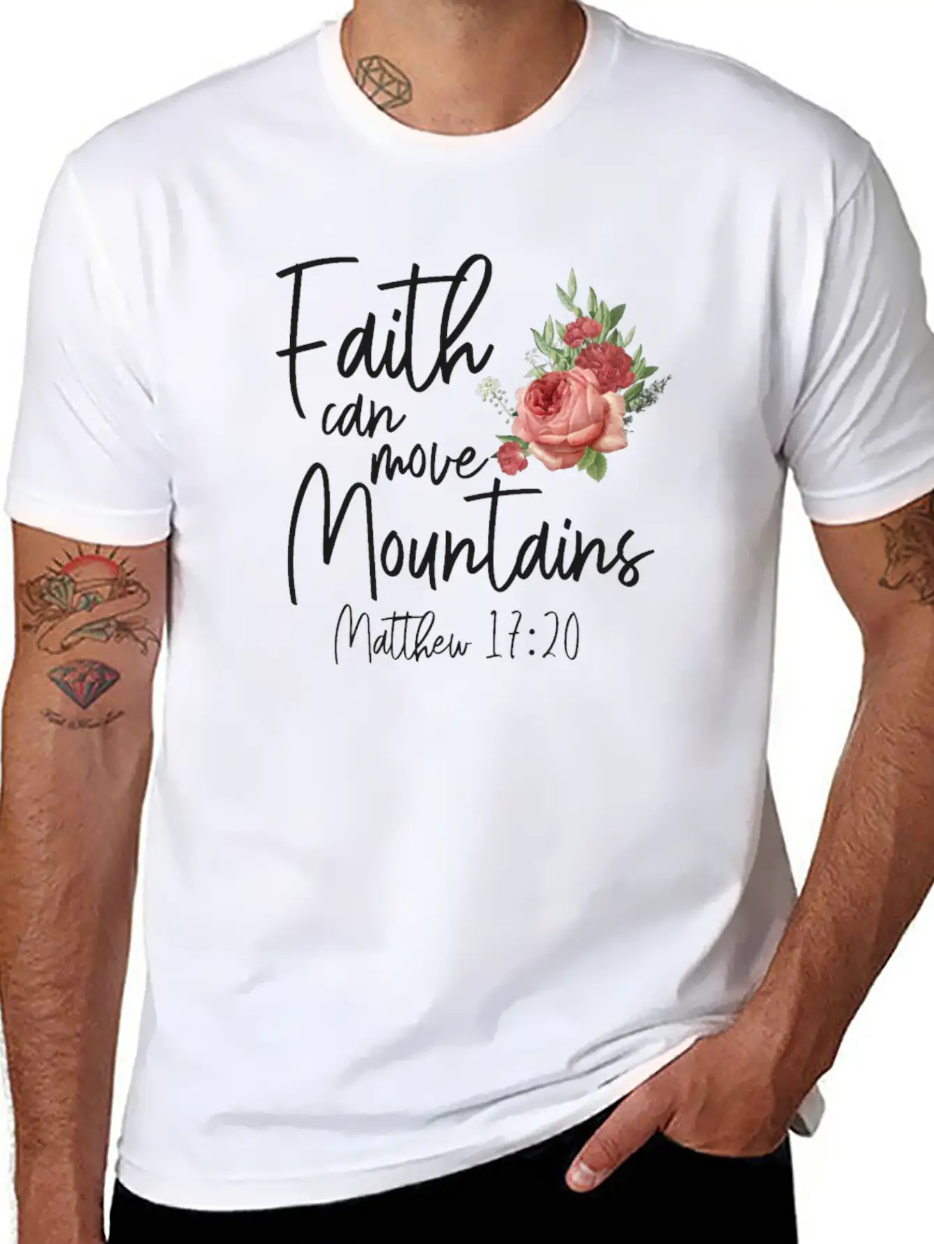 Christian Bible Verse Quote Rose Stylish Everyday T-Shirt – Unisex Basic Cotton Tee