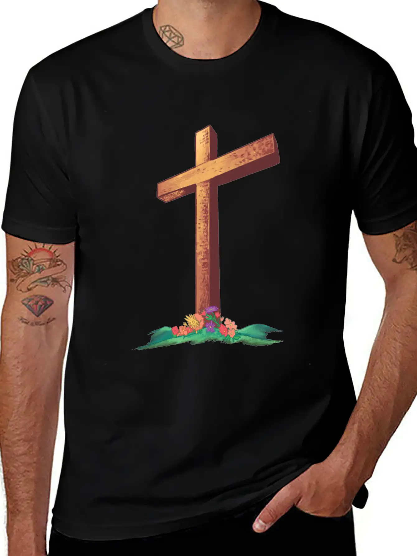 Christian Cross With Flowers On A Hill Timeless Short Sleeve Tee – Comfy And Minimalist Design