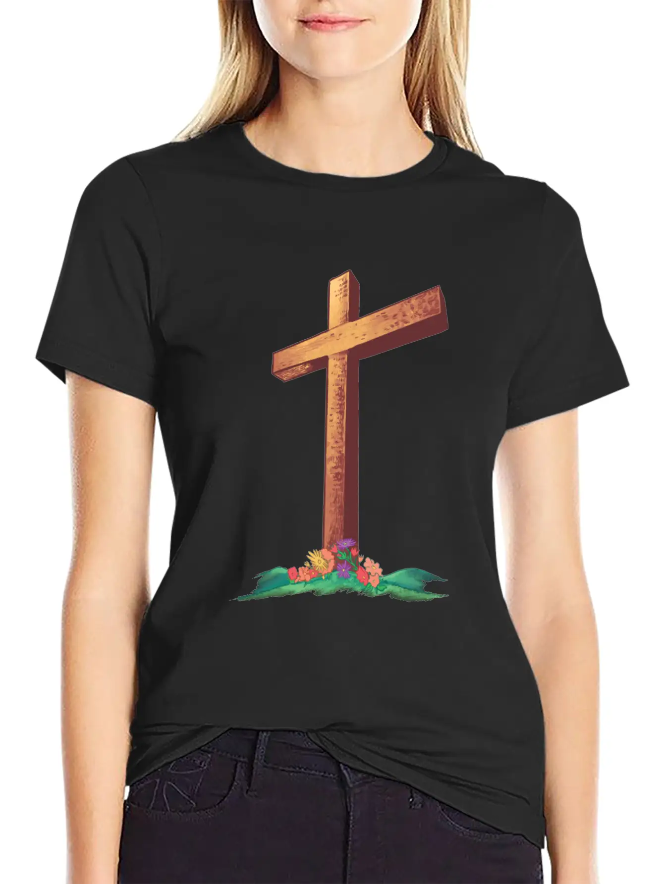 Christian Cross With Flowers On A Hill Timeless Short Sleeve Tee – Comfy And Minimalist Design