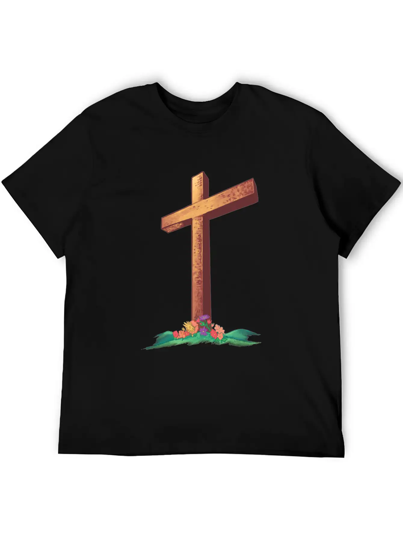 Christian Cross With Flowers On A Hill Timeless Short Sleeve Tee – Comfy And Minimalist Design