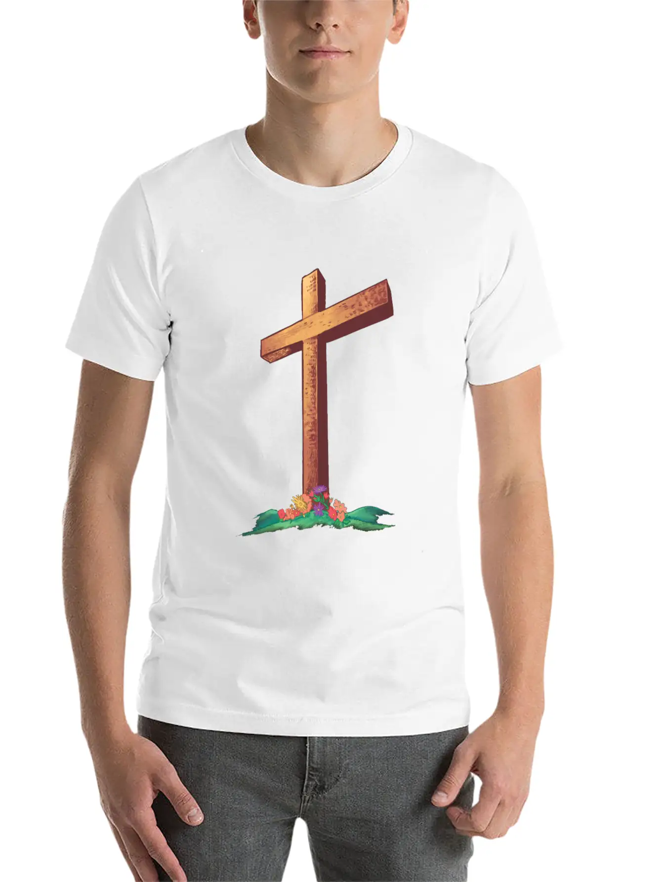 Christian Cross With Flowers On A Hill Timeless Short Sleeve Tee – Comfy And Minimalist Design