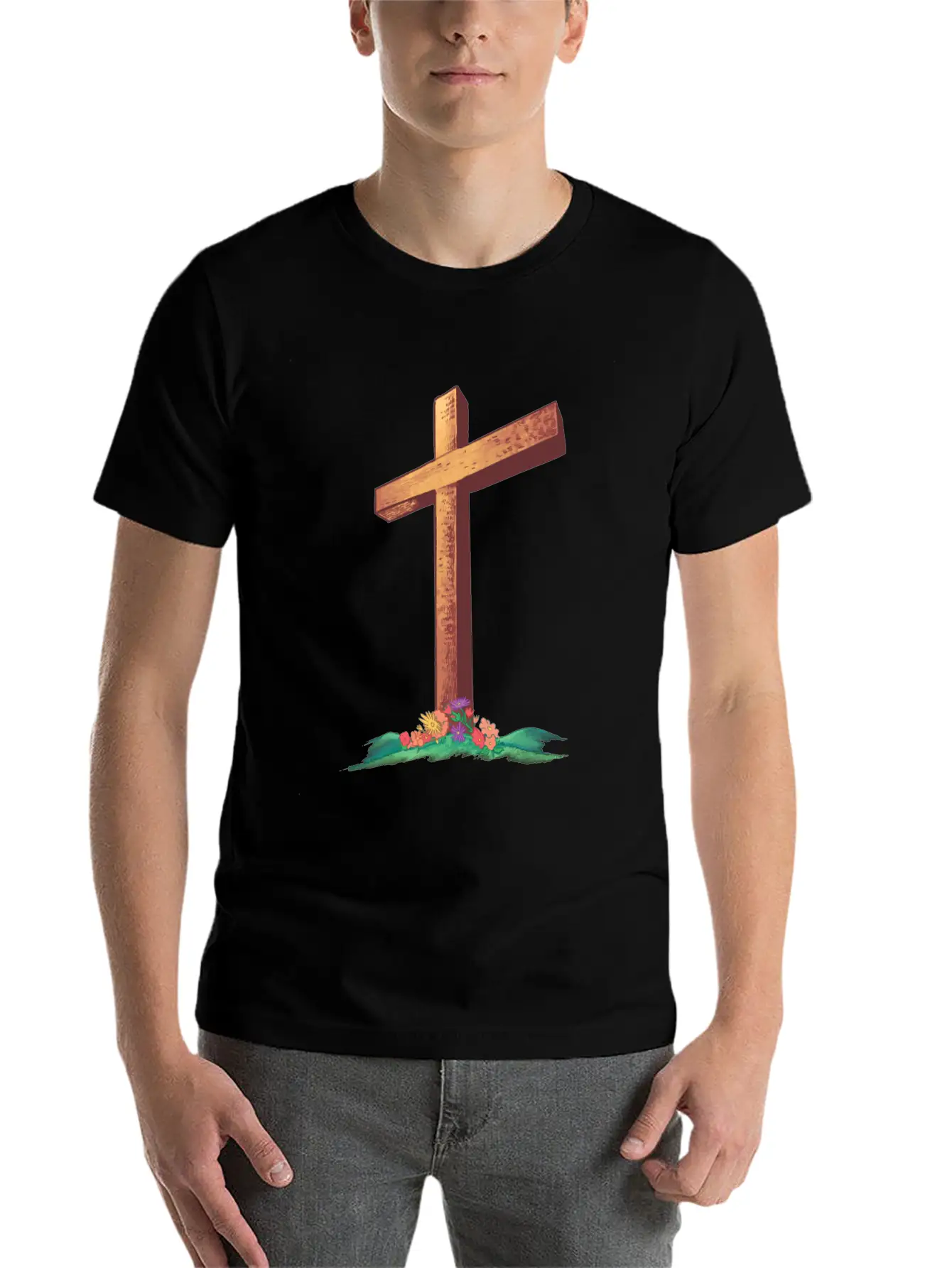 Christian Cross With Flowers On A Hill Timeless Short Sleeve Tee – Comfy And Minimalist Design