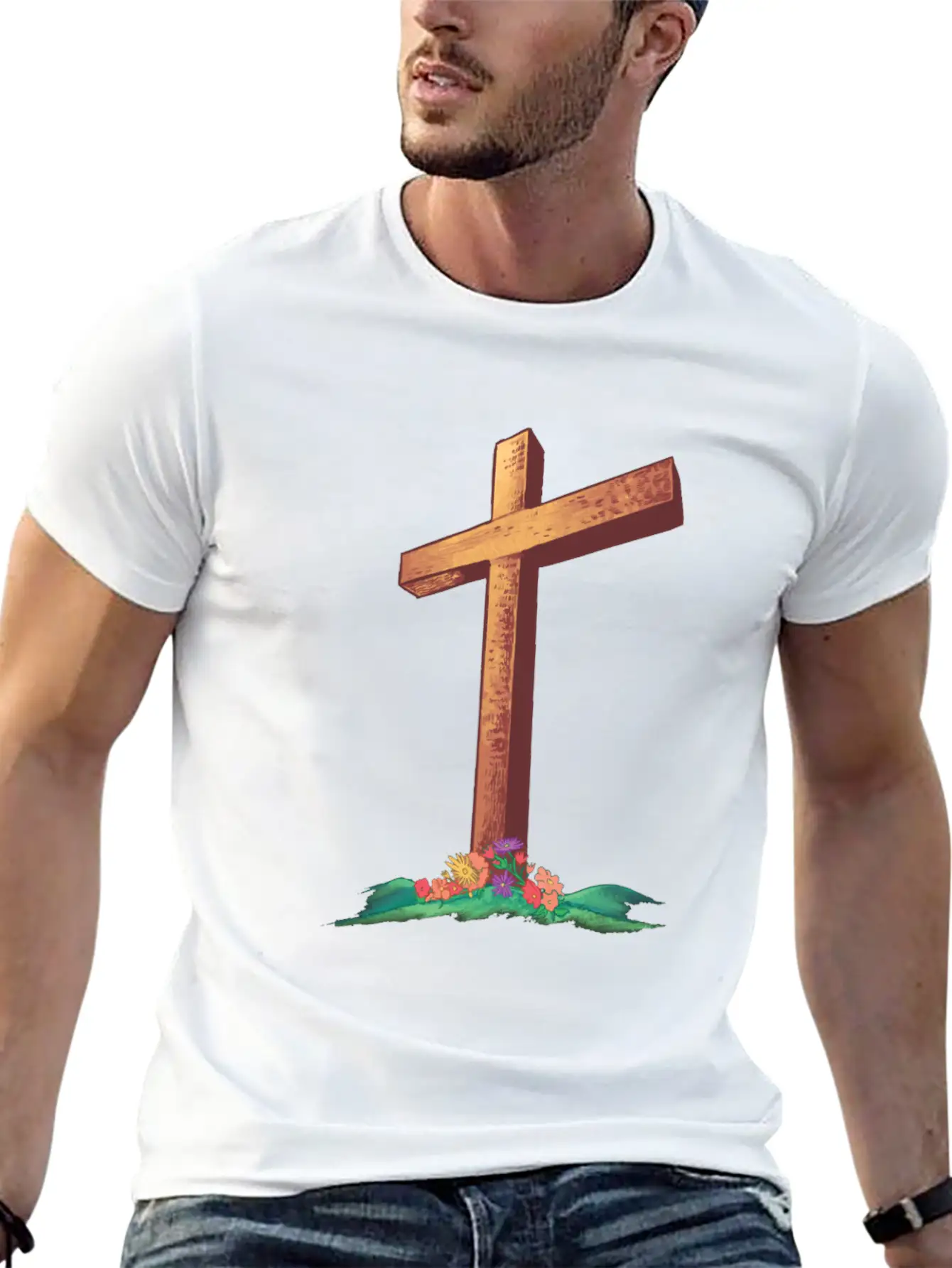 Christian Cross With Flowers On A Hill Timeless Short Sleeve Tee – Comfy And Minimalist Design