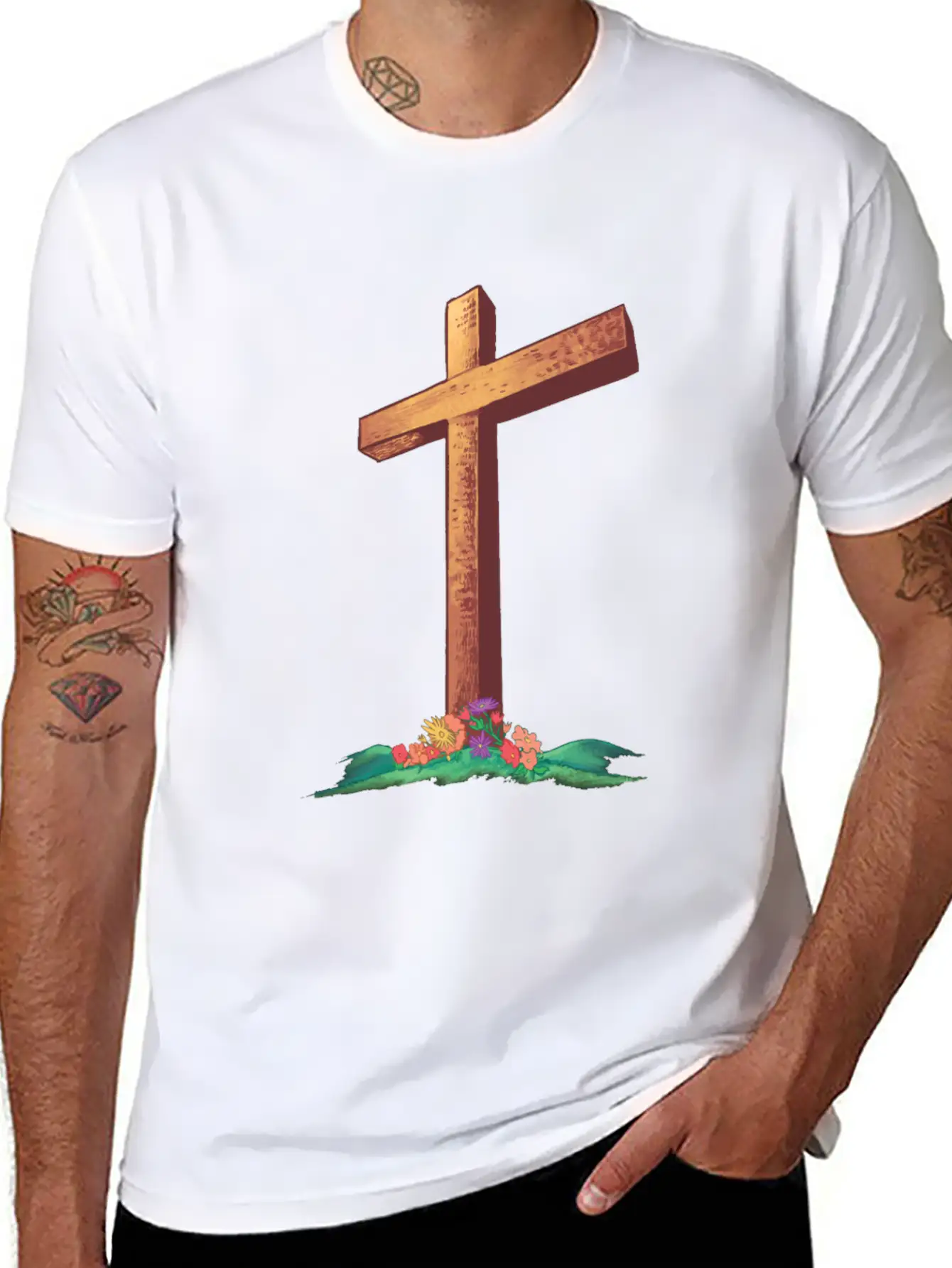 Christian Cross With Flowers On A Hill Timeless Short Sleeve Tee – Comfy And Minimalist Design