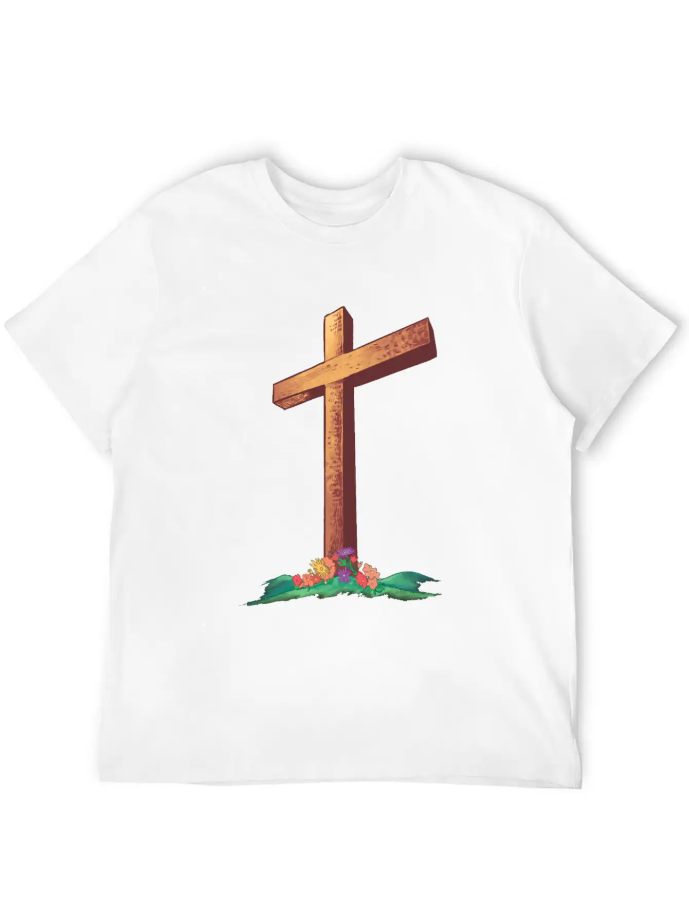 Christian Cross With Flowers On A Hill Timeless Short Sleeve Tee – Comfy And Minimalist Design