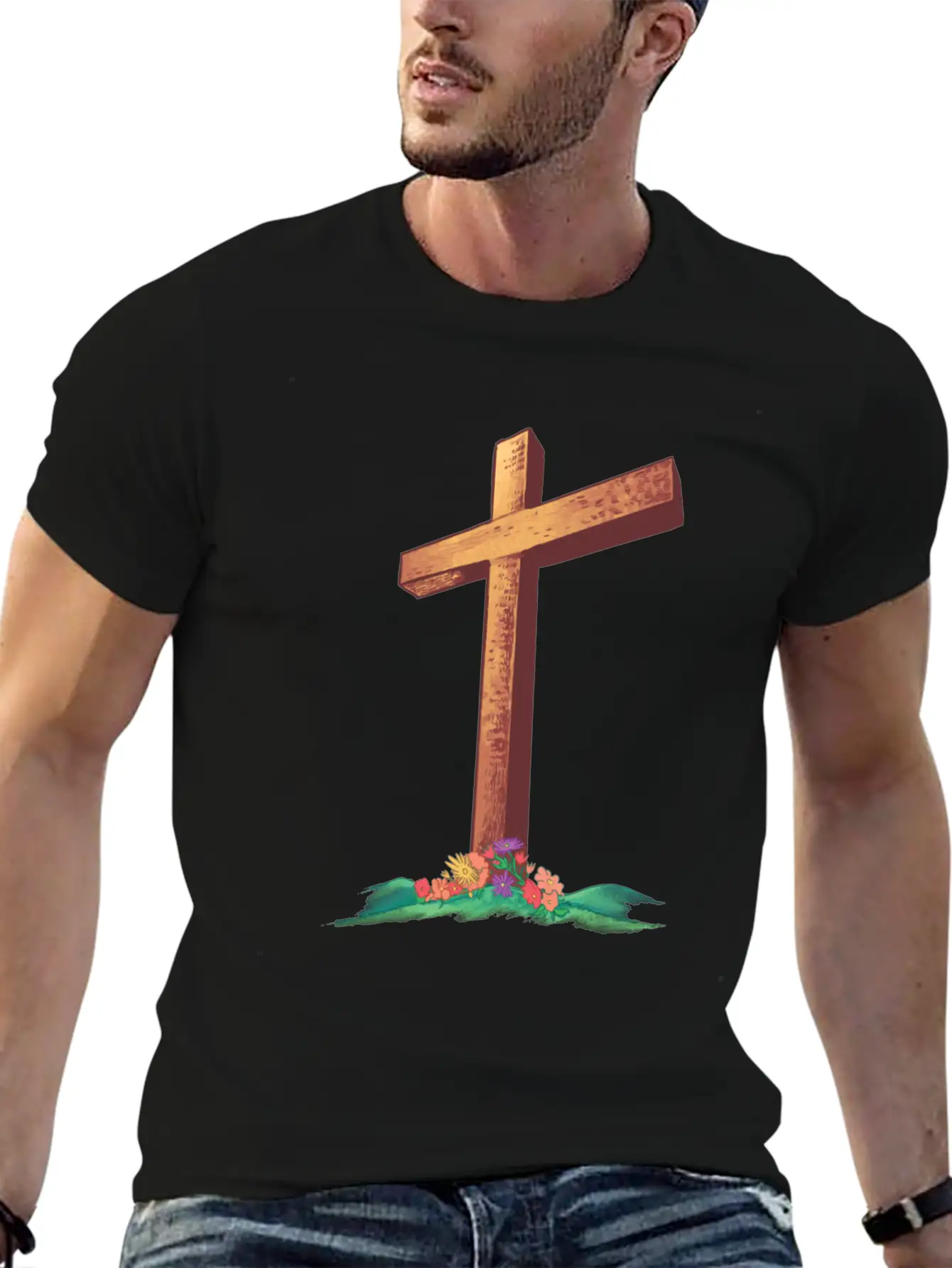 Christian Cross With Flowers On A Hill Timeless Short Sleeve Tee – Comfy And Minimalist Design