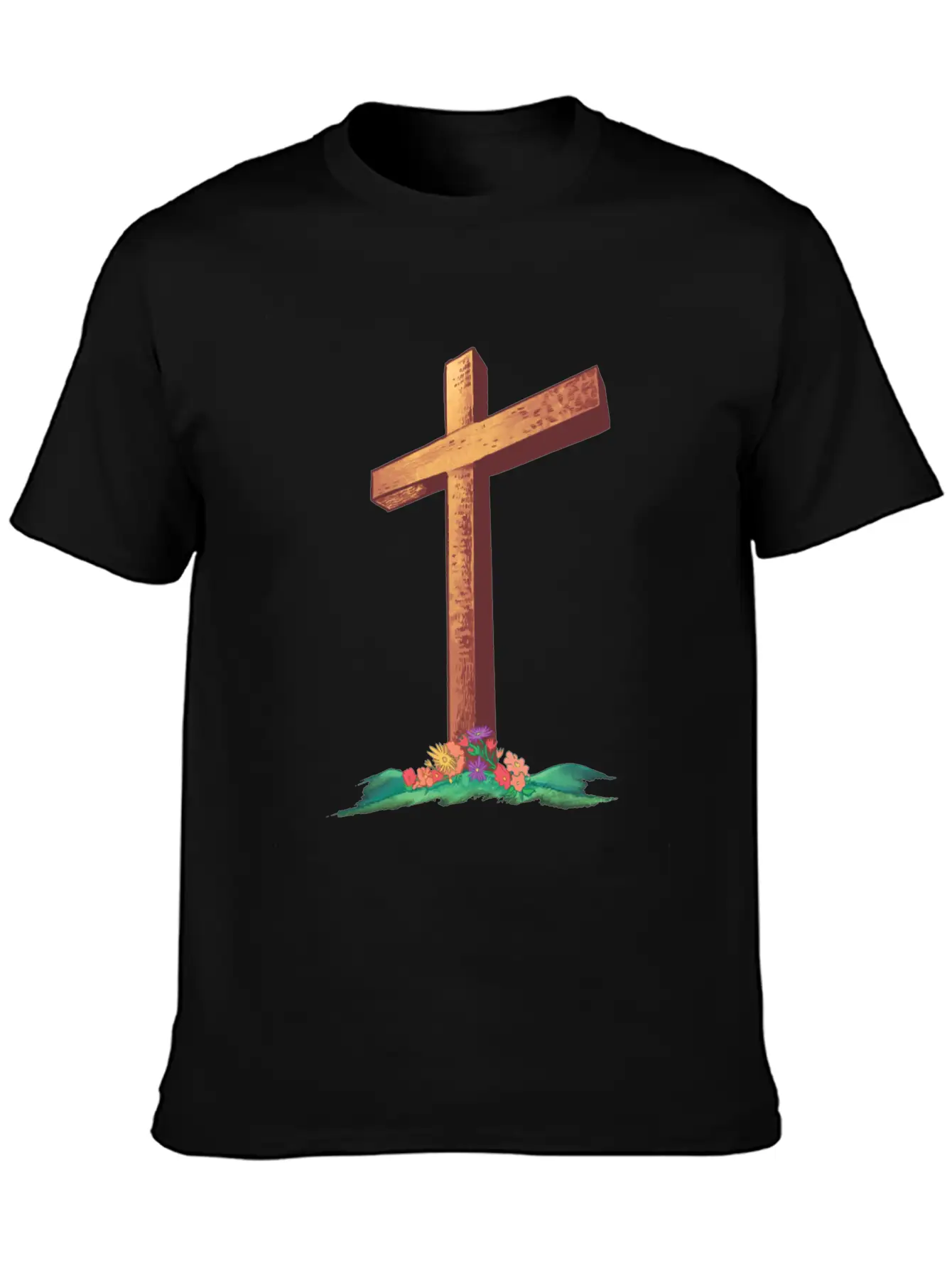 Christian Cross With Flowers On A Hill Timeless Short Sleeve Tee – Comfy And Minimalist Design