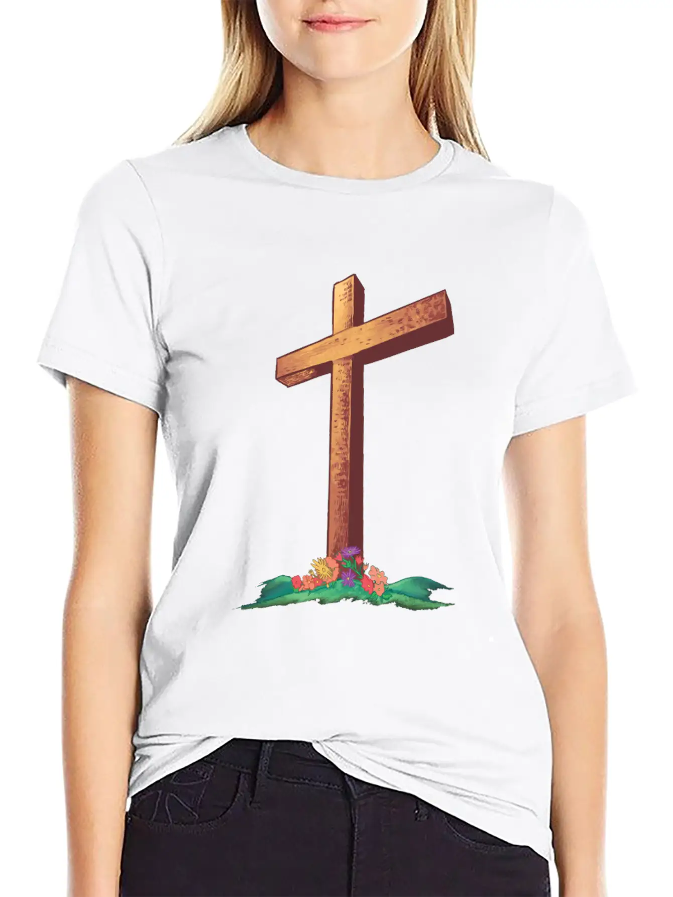 Christian Cross With Flowers On A Hill Timeless Short Sleeve Tee – Comfy And Minimalist Design