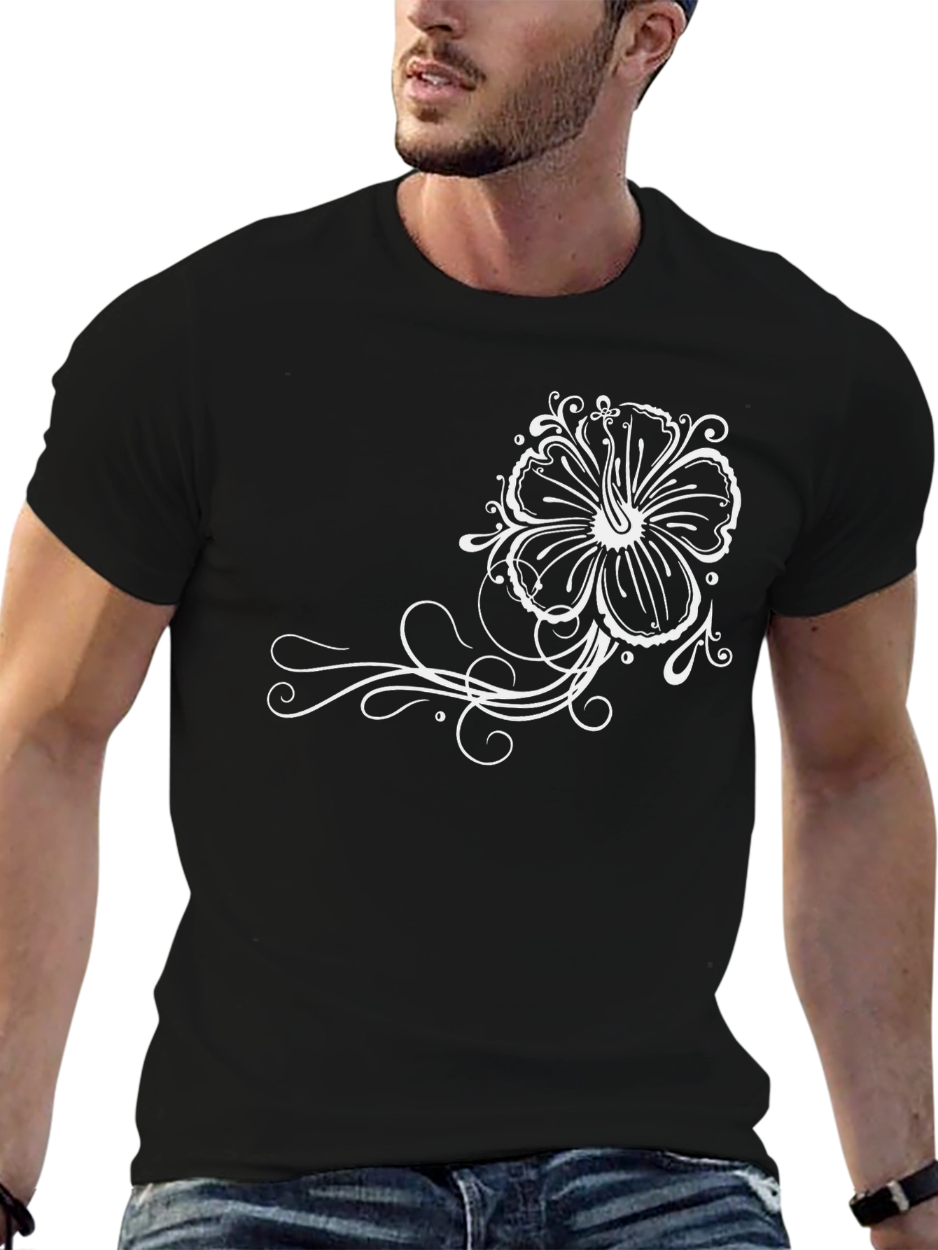 Black T-Shirt with Floral Design