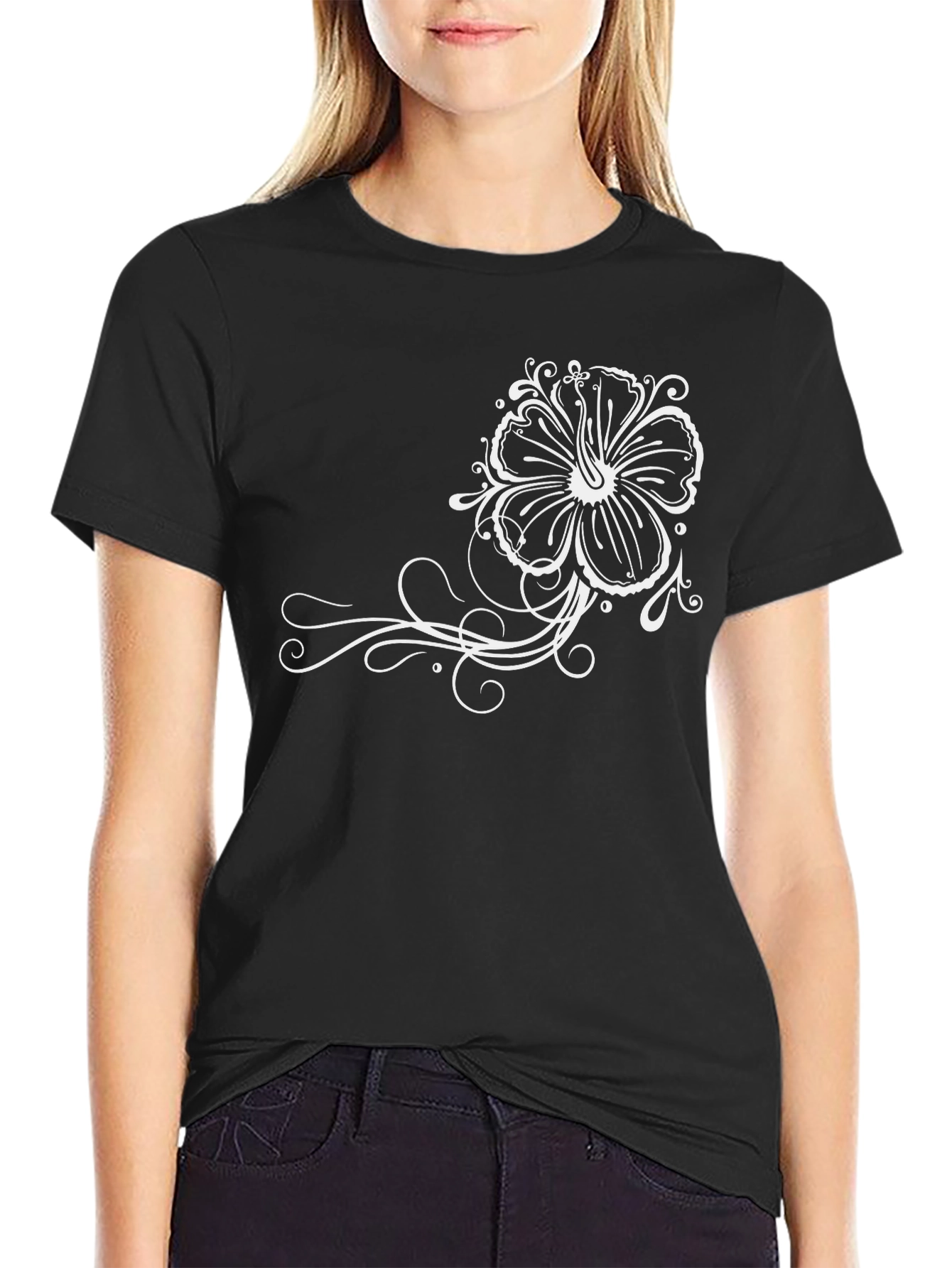Black T-Shirt with Floral Design