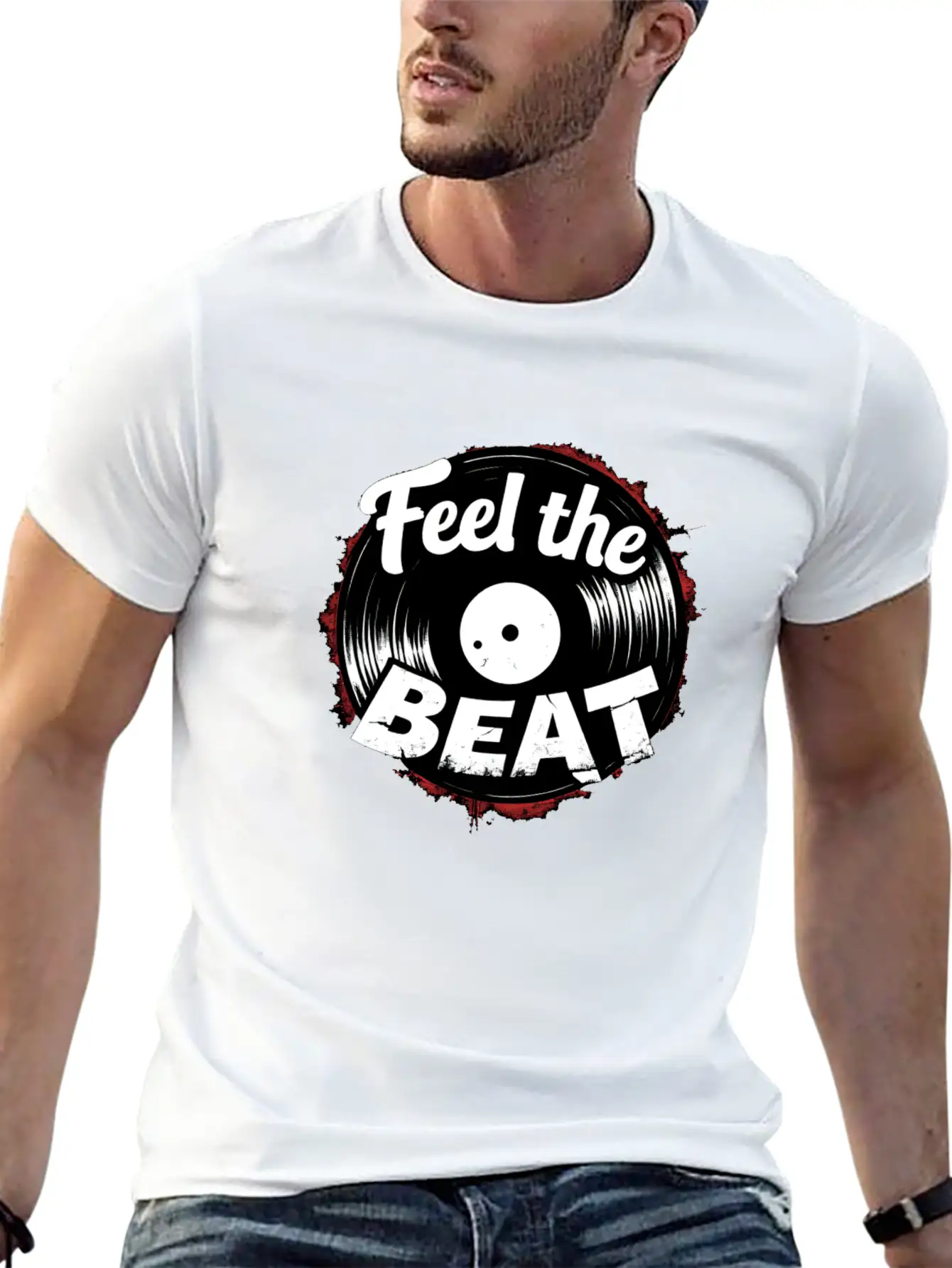 Classic Vinyl 'Feel The Beat' Unisex Short Sleeve Soft Cotton T-Shirt – Casual Everyday Wear